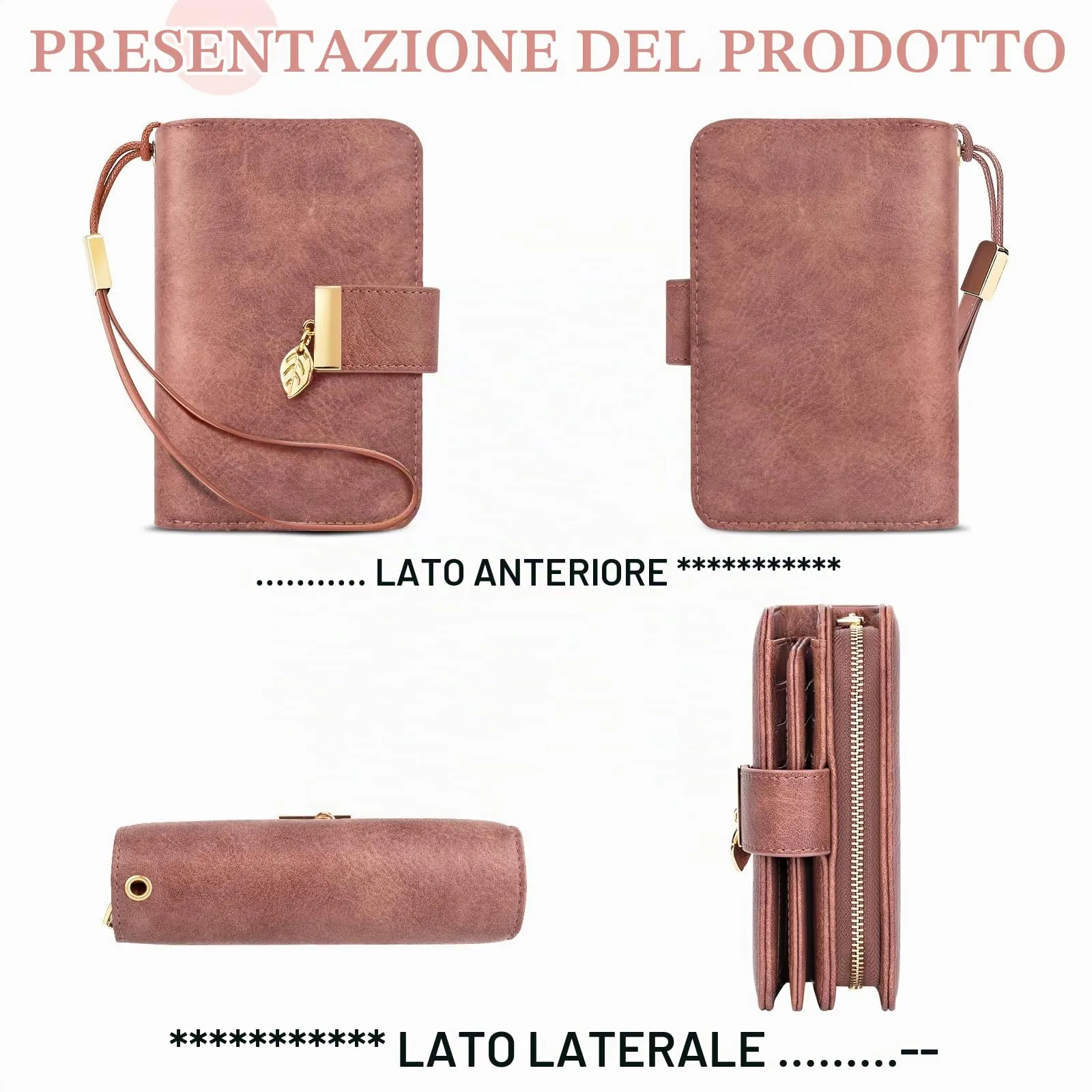 Faneam Portafoglio Donna in Pelle con Blocco RFID, Portamonete con Cerniera e Cordino, 14 Scomparti Carte (Vintage Rosa) - immagine 2