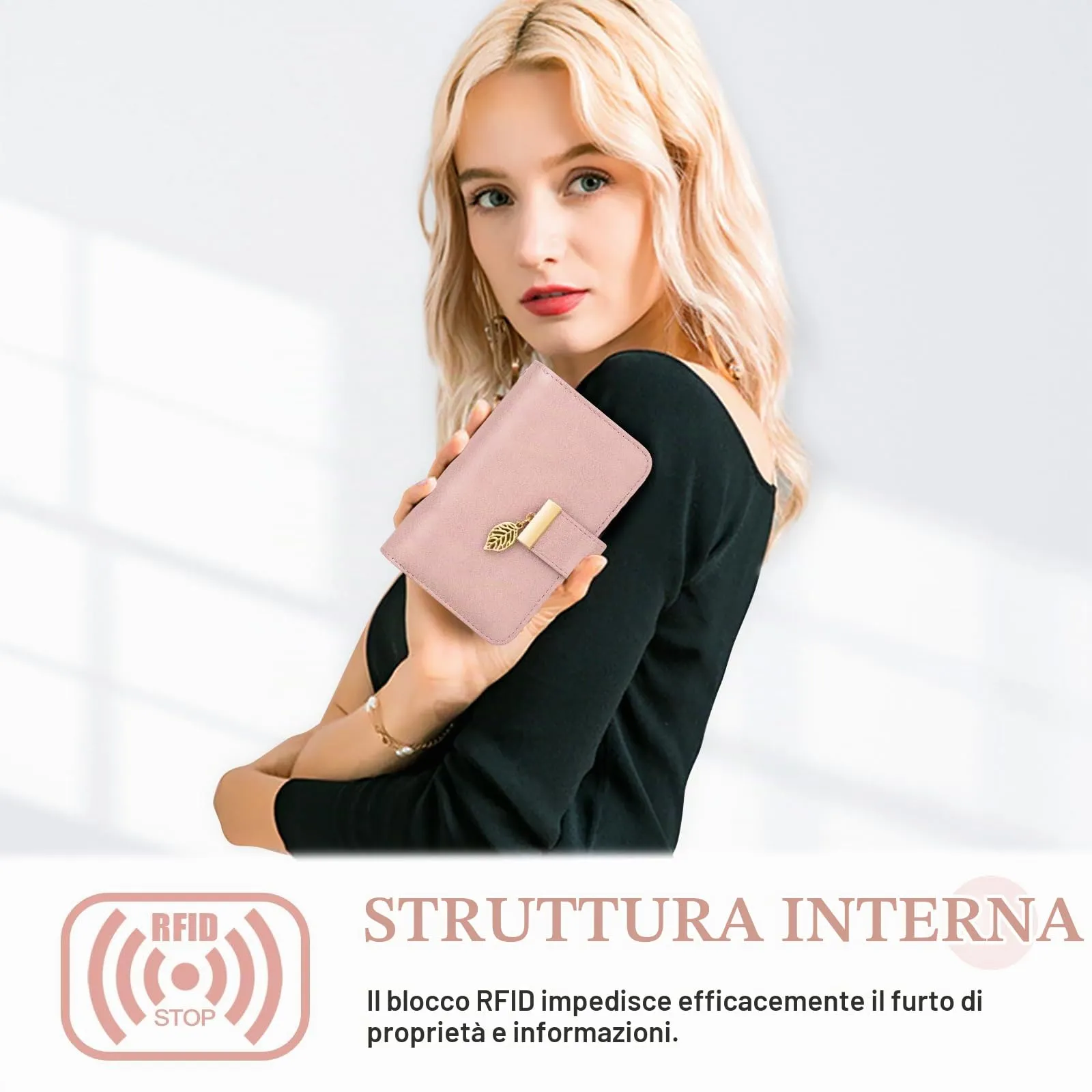 Faneam Portafoglio Donna in Pelle con Blocco RFID, Portamonete con Cerniera, 14 Scomparti Carte e Cordino (Rosa Chiaro) - immagine 3