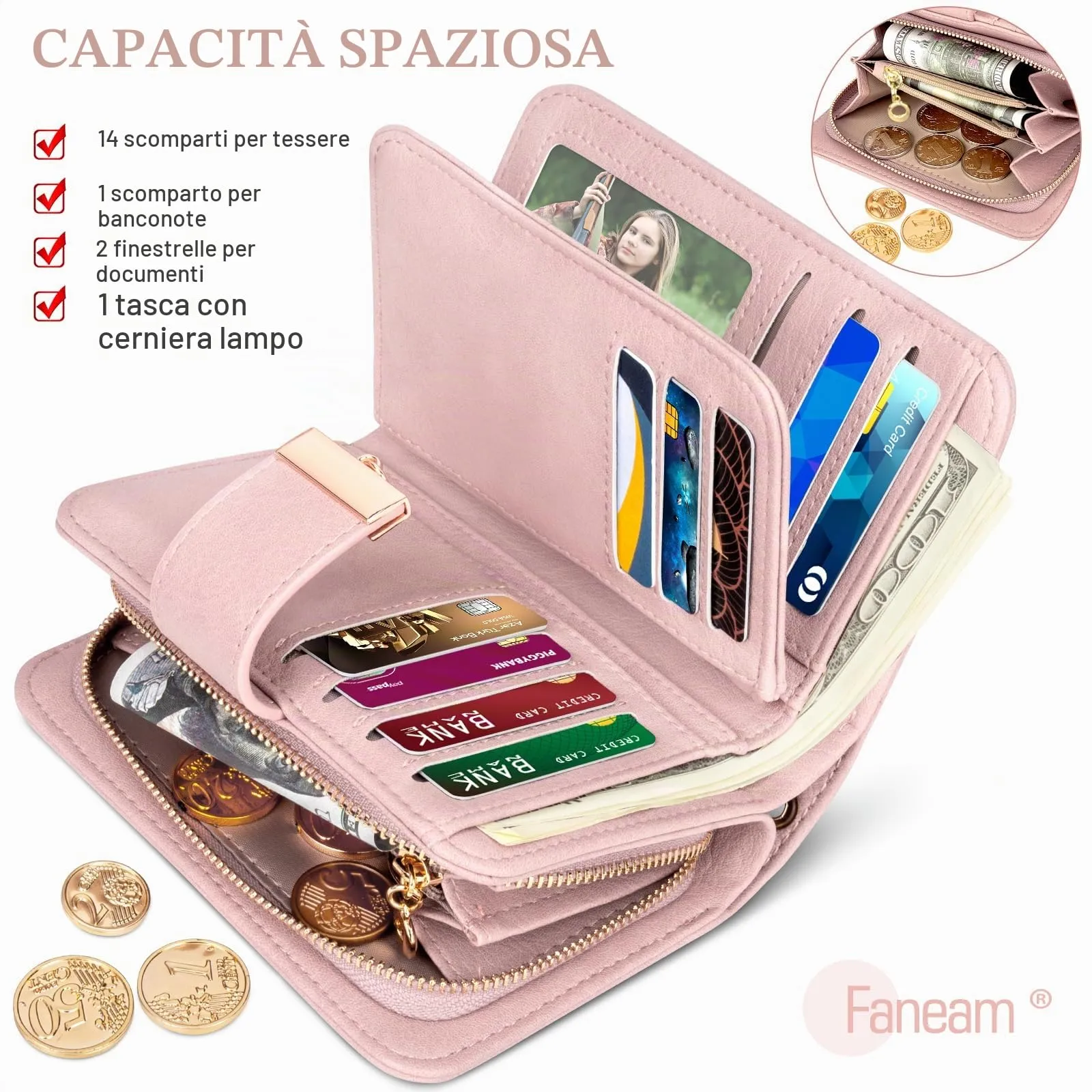 Faneam Portafoglio Donna in Pelle con Blocco RFID, Portamonete con Cerniera, 14 Scomparti Carte e Cordino (Rosa Chiaro) - immagine 4