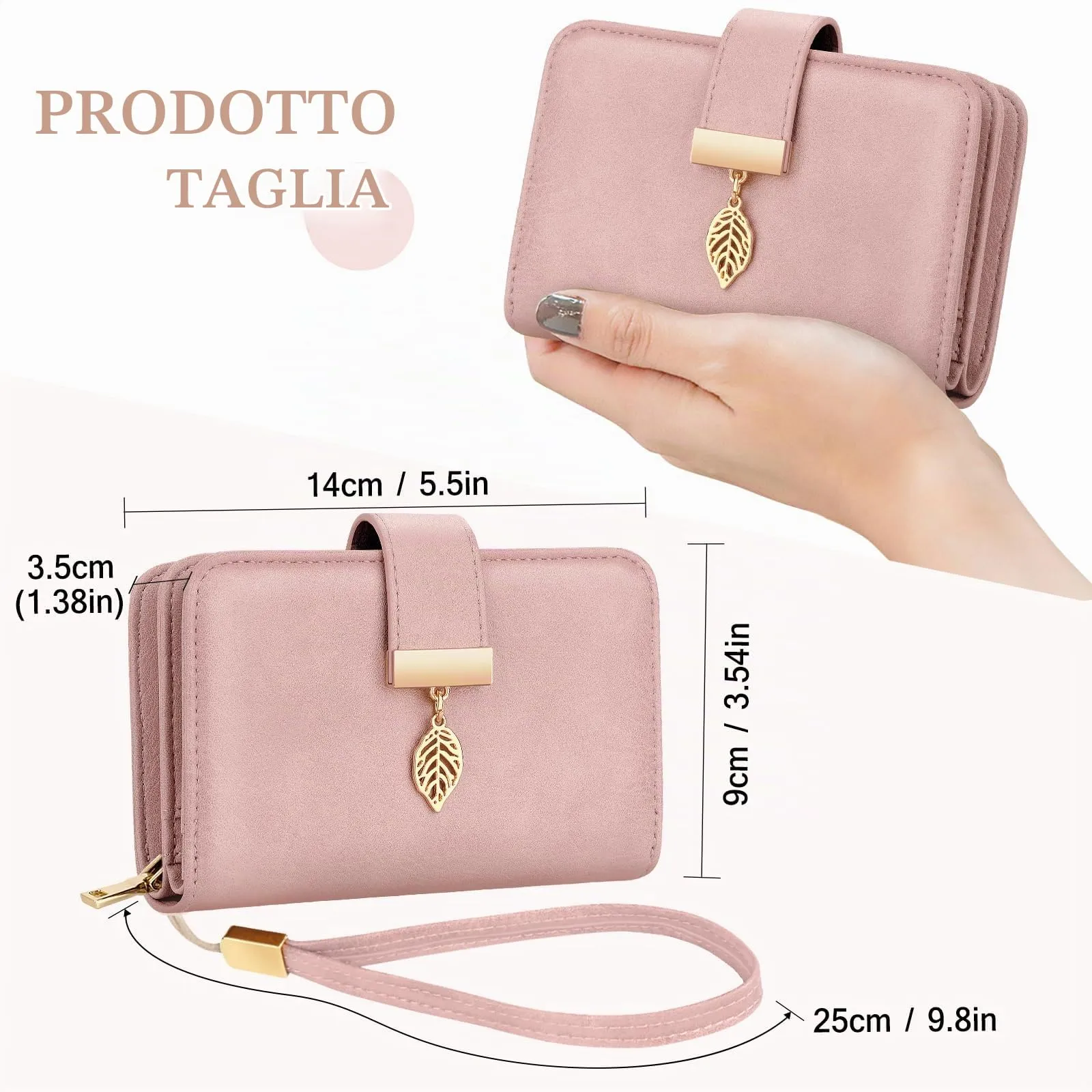 Faneam Portafoglio Donna in Pelle con Blocco RFID, Portamonete con Cerniera, 14 Scomparti Carte e Cordino (Rosa Chiaro) - immagine 5