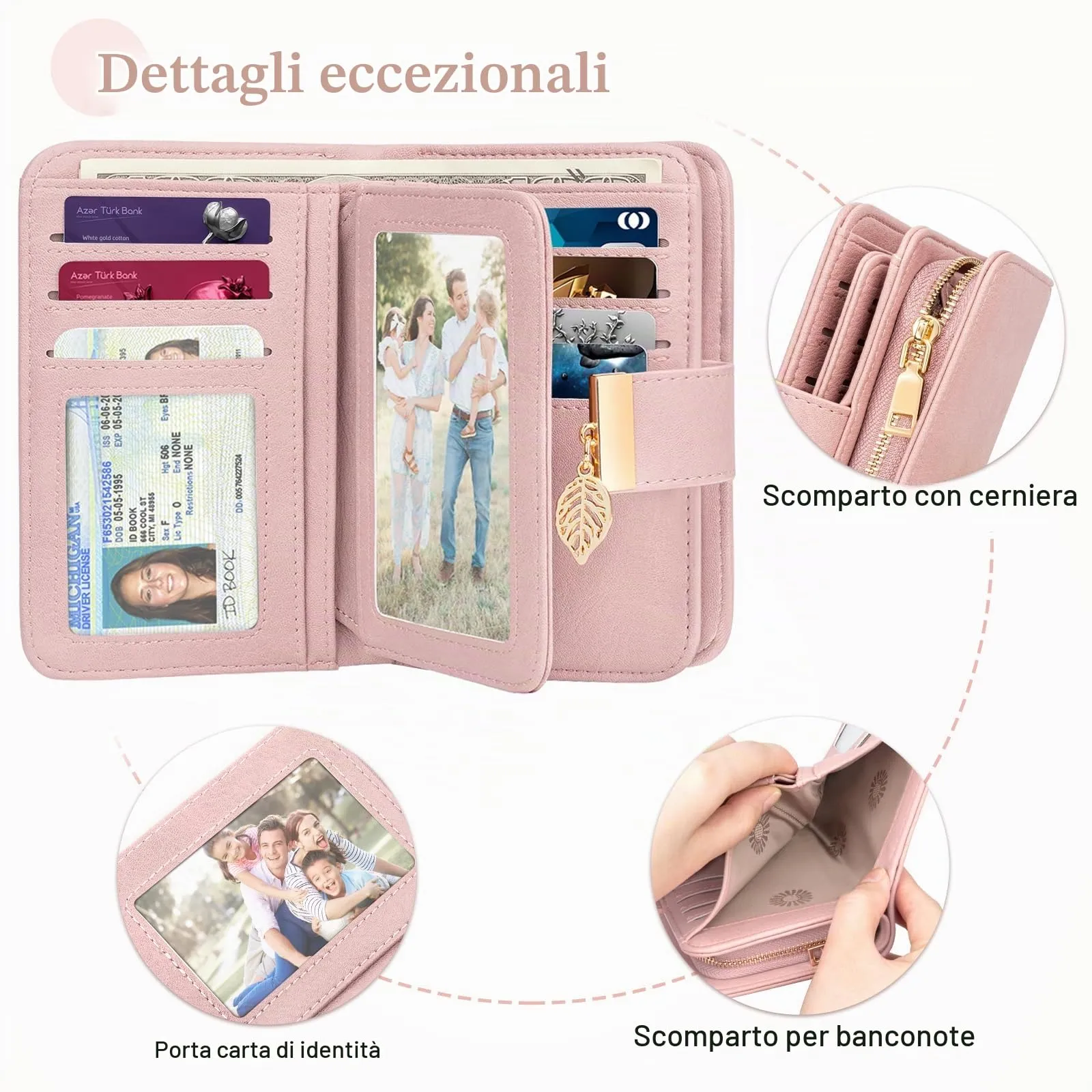 Faneam Portafoglio Donna in Pelle con Blocco RFID, Portamonete con Cerniera, 14 Scomparti Carte e Cordino (Rosa Chiaro) - immagine 6