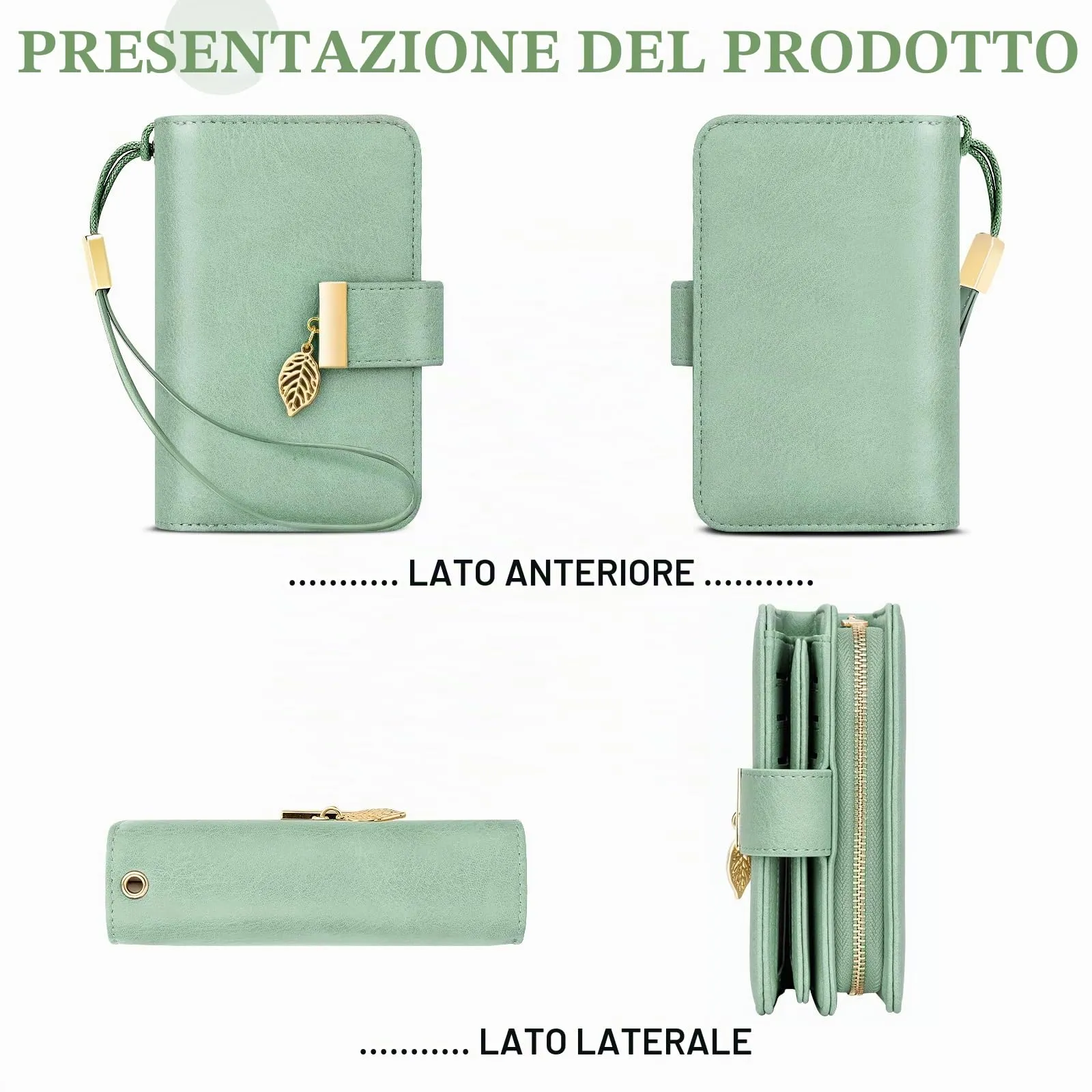 Faneam Portafoglio Donna in Pelle con Blocco RFID, Portamonete con Cerniera e Cordino, 14 Scomparti Carte (Verde chiaro) - immagine 2