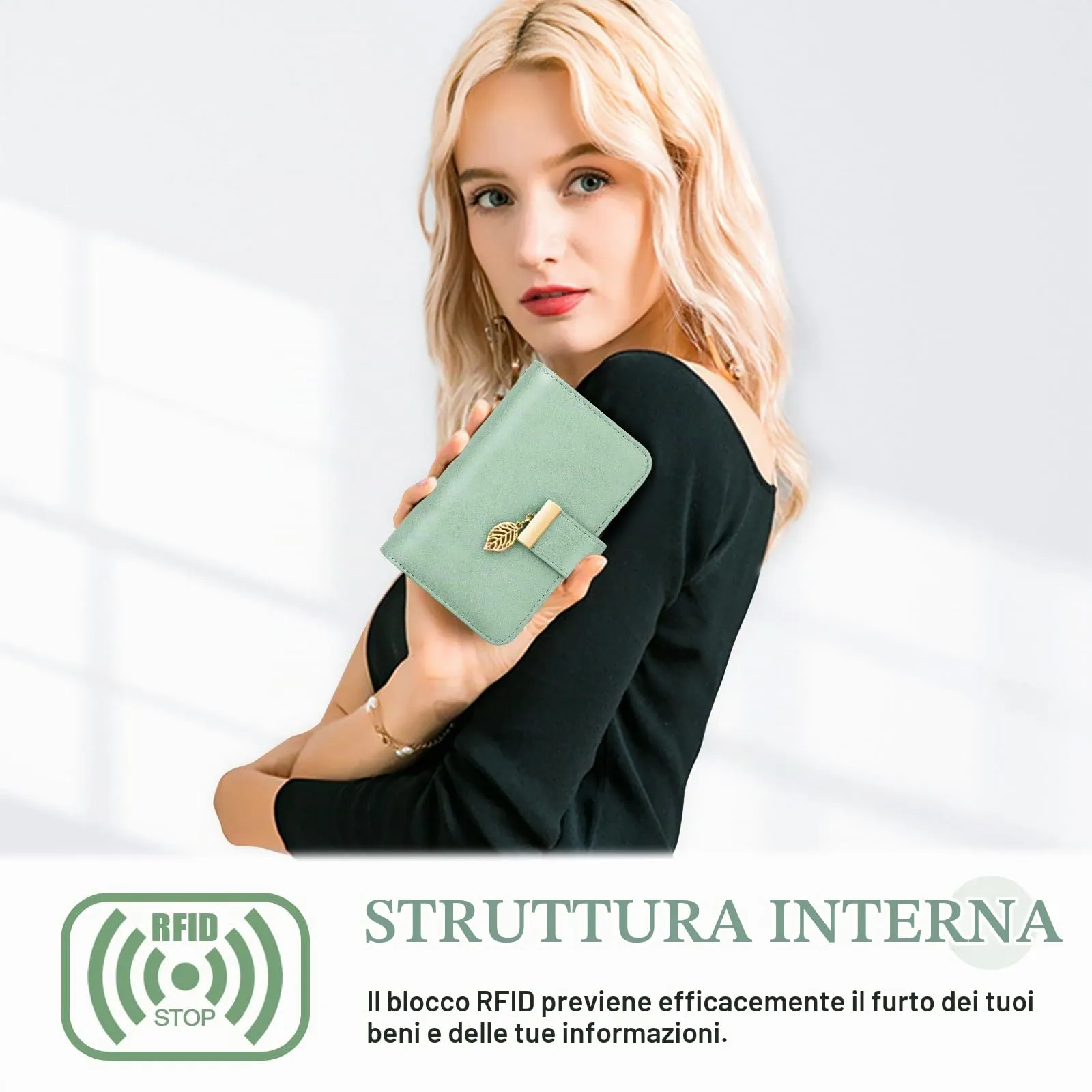 Faneam Portafoglio Donna in Pelle con Blocco RFID, Portamonete con Cerniera e Cordino, 14 Scomparti Carte (Verde chiaro) - immagine 3