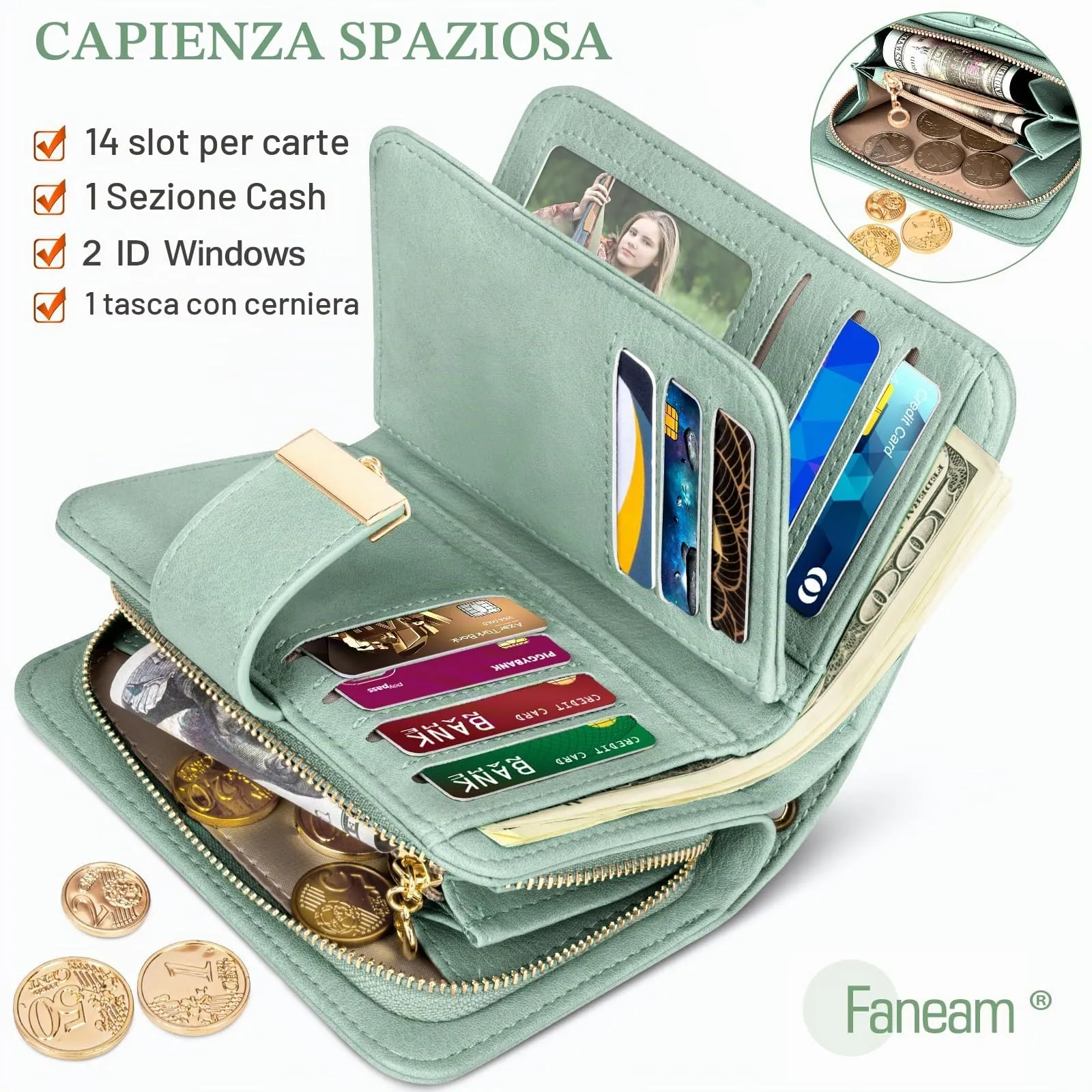 Faneam Portafoglio Donna in Pelle con Blocco RFID, Portamonete con Cerniera e Cordino, 14 Scomparti Carte (Verde chiaro) - immagine 4