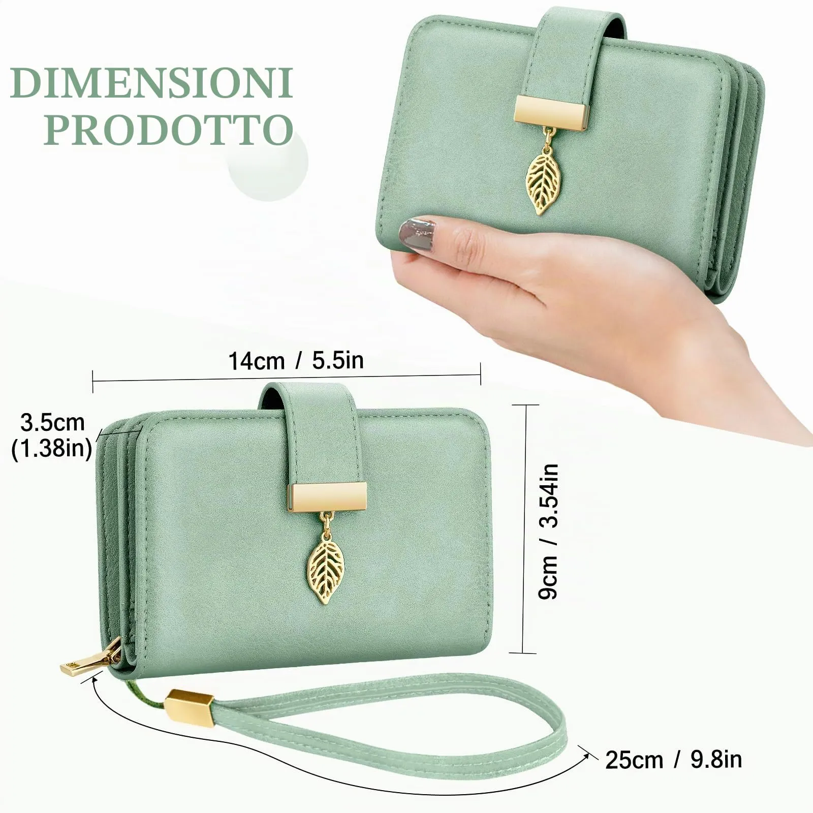 Faneam Portafoglio Donna in Pelle con Blocco RFID, Portamonete con Cerniera e Cordino, 14 Scomparti Carte (Verde chiaro) - immagine 5