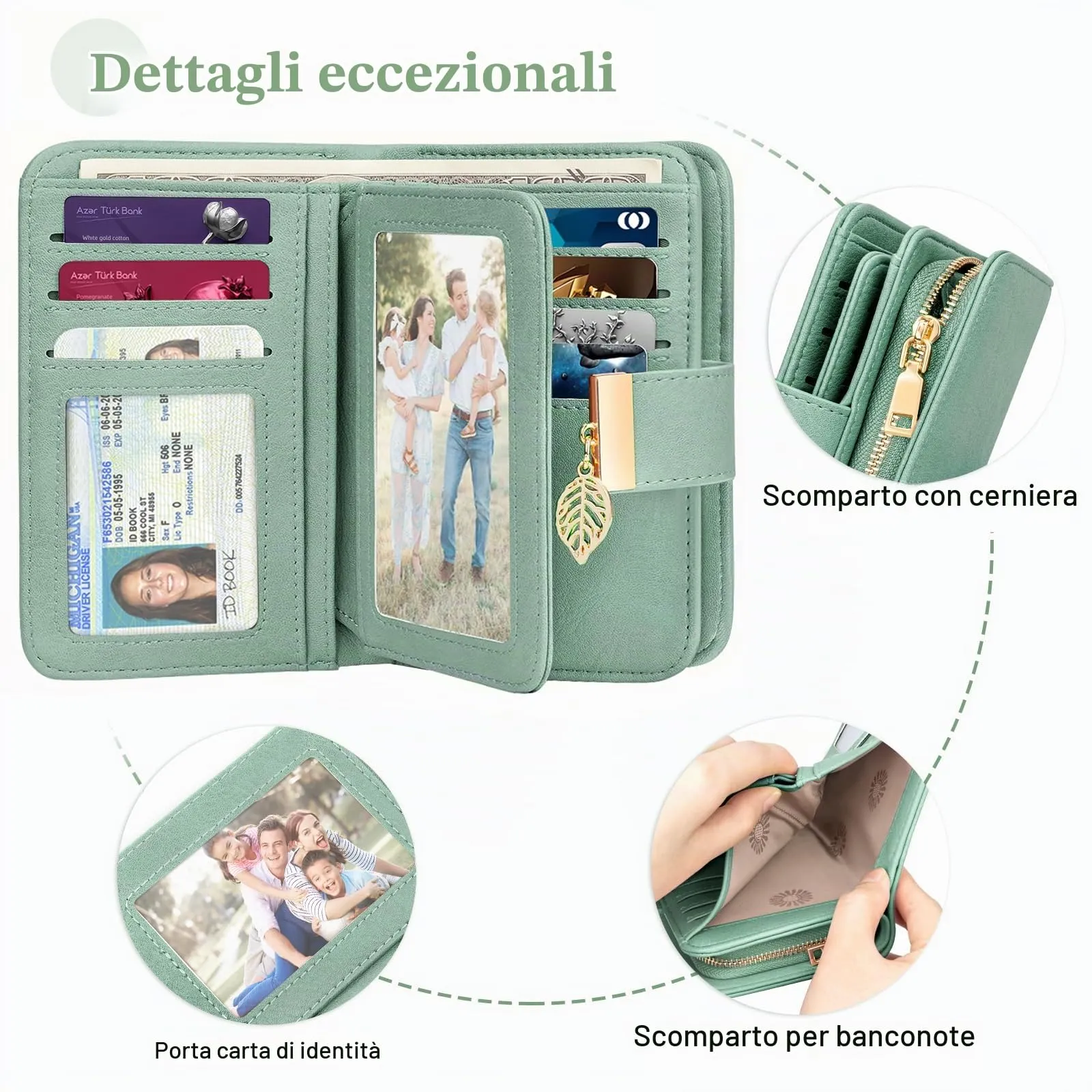 Faneam Portafoglio Donna in Pelle con Blocco RFID, Portamonete con Cerniera e Cordino, 14 Scomparti Carte (Verde chiaro) - immagine 6
