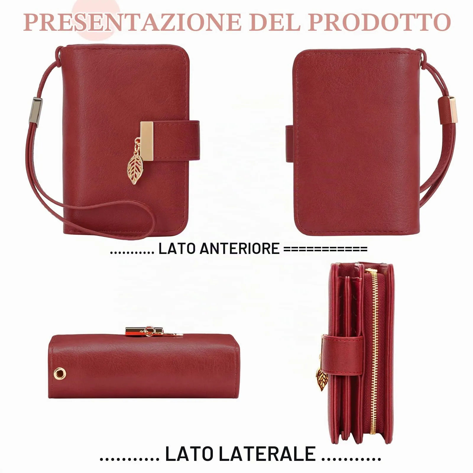 Faneam Portafoglio Donna in Pelle con Blocco RFID, Portamonete con Cerniera e Cordino, 14 Scomparti Carte (Rosso Retrò) - immagine 2