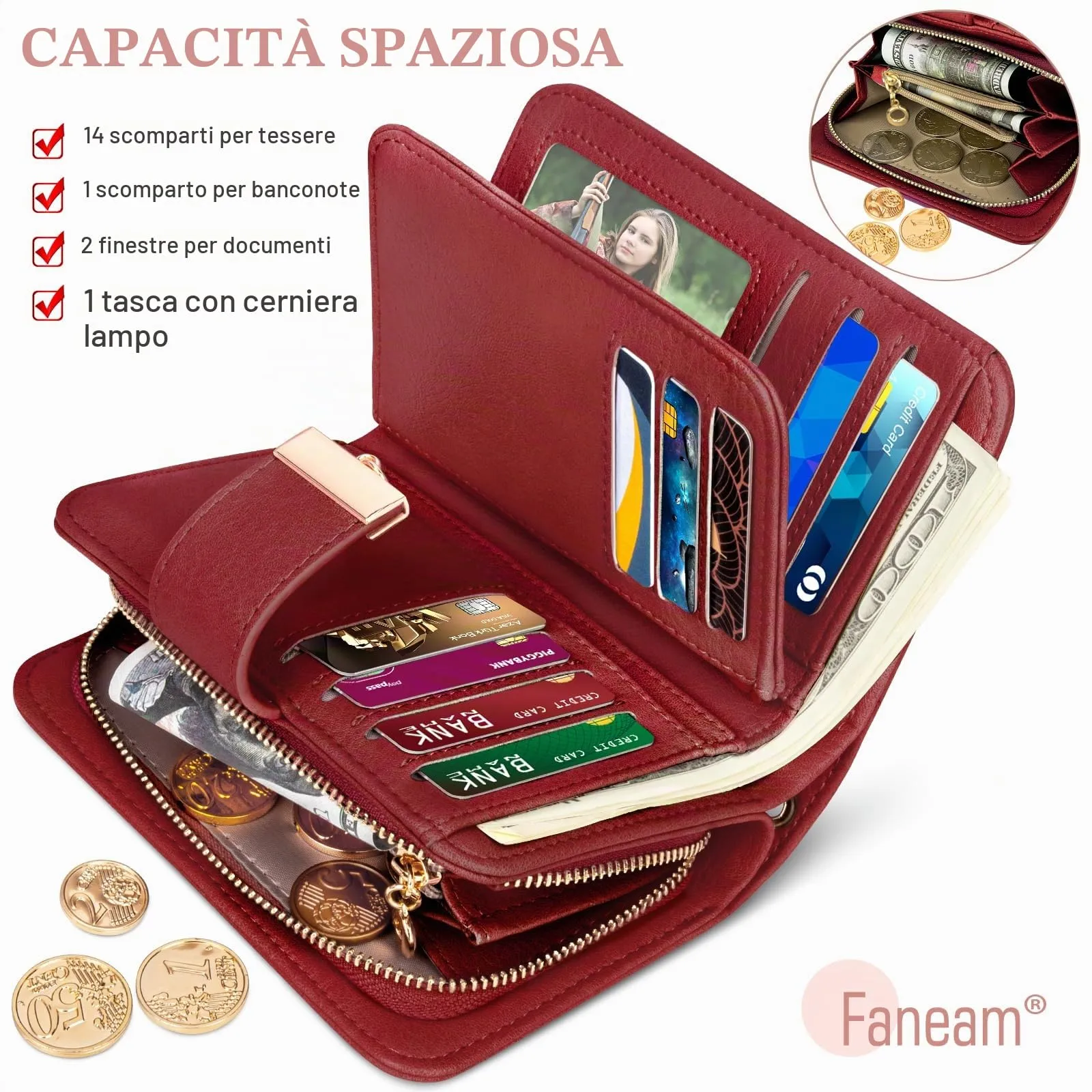 Faneam Portafoglio Donna in Pelle con Blocco RFID, Portamonete con Cerniera e Cordino, 14 Scomparti Carte (Rosso Retrò) - immagine 4
