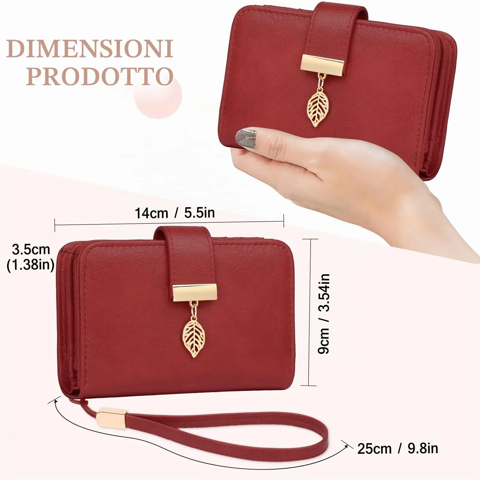 Faneam Portafoglio Donna in Pelle con Blocco RFID, Portamonete con Cerniera e Cordino, 14 Scomparti Carte (Rosso Retrò) - immagine 5