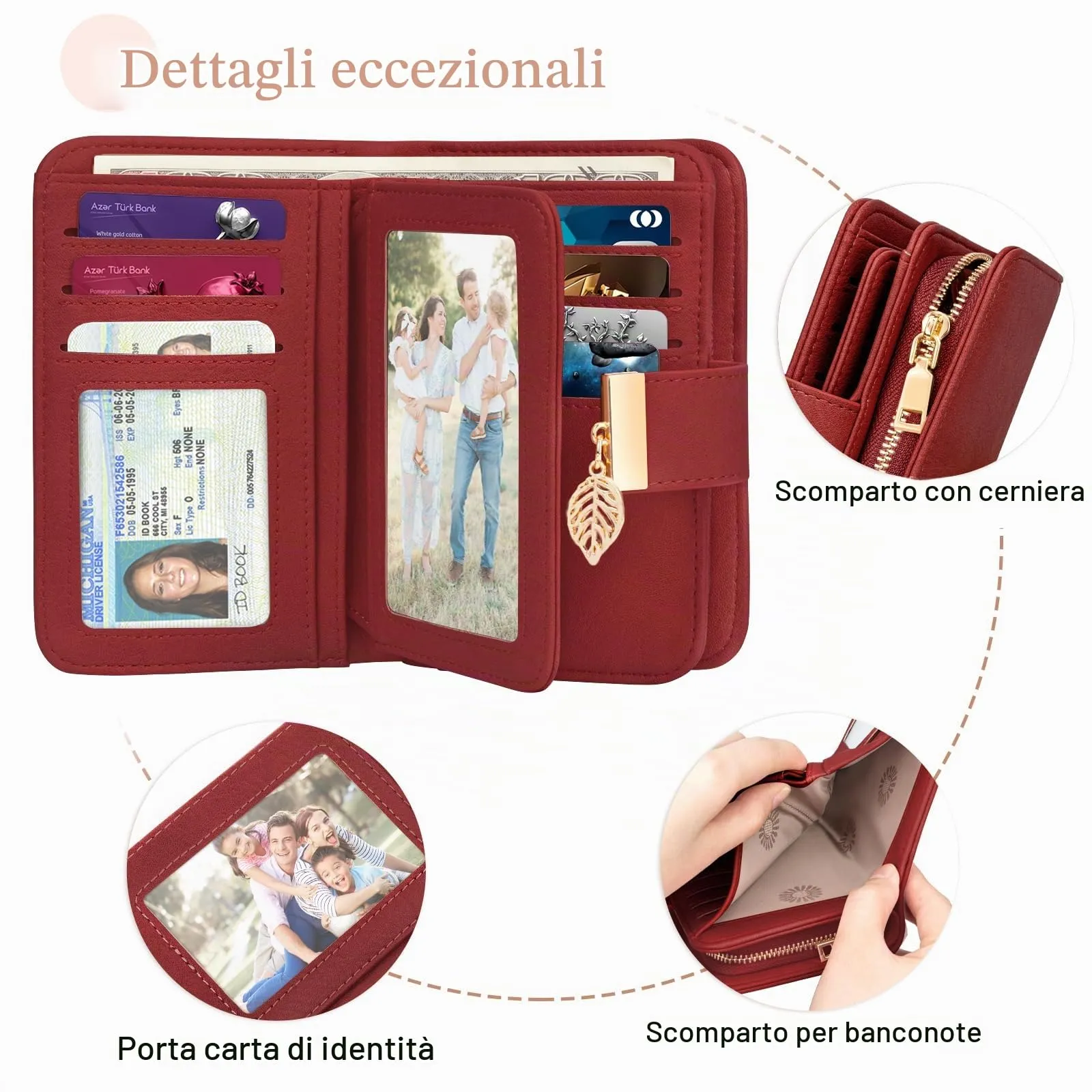Faneam Portafoglio Donna in Pelle con Blocco RFID, Portamonete con Cerniera e Cordino, 14 Scomparti Carte (Rosso Retrò) - immagine 6