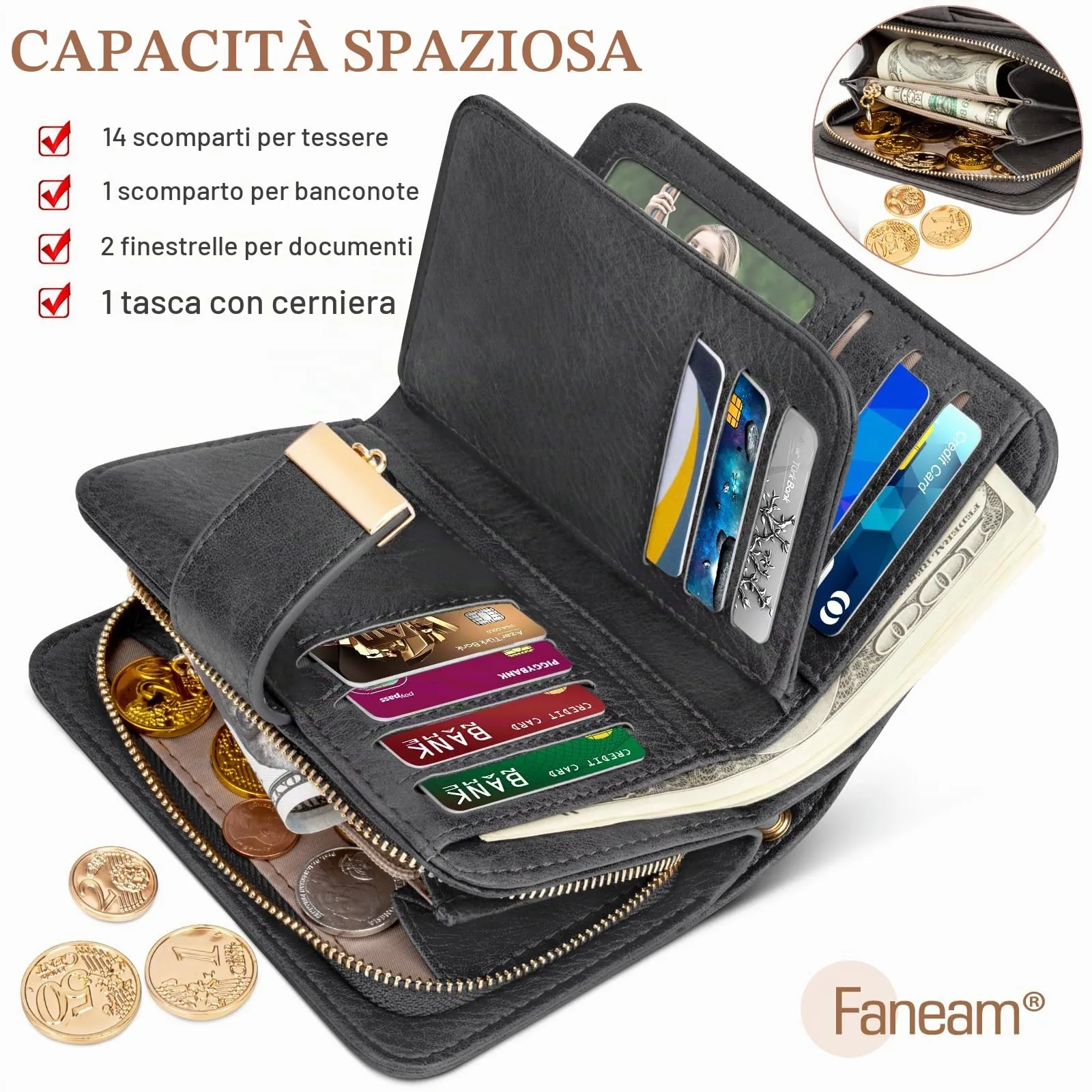 Faneam Portafoglio Donna in Pelle con Blocco RFID, Portamonete con Cerniera e Cordino, 14 Scomparti Carte (Grigio Scuro) - immagine 2