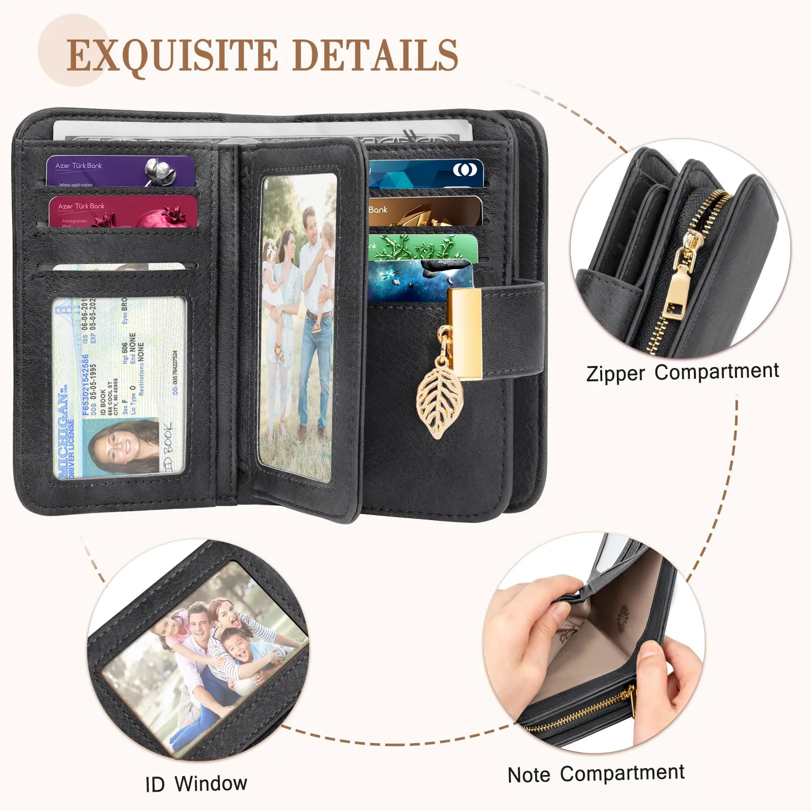 Faneam Portafoglio Donna in Pelle con Blocco RFID, Portamonete con Cerniera e Cordino, 14 Scomparti Carte (Grigio Scuro) - immagine 3