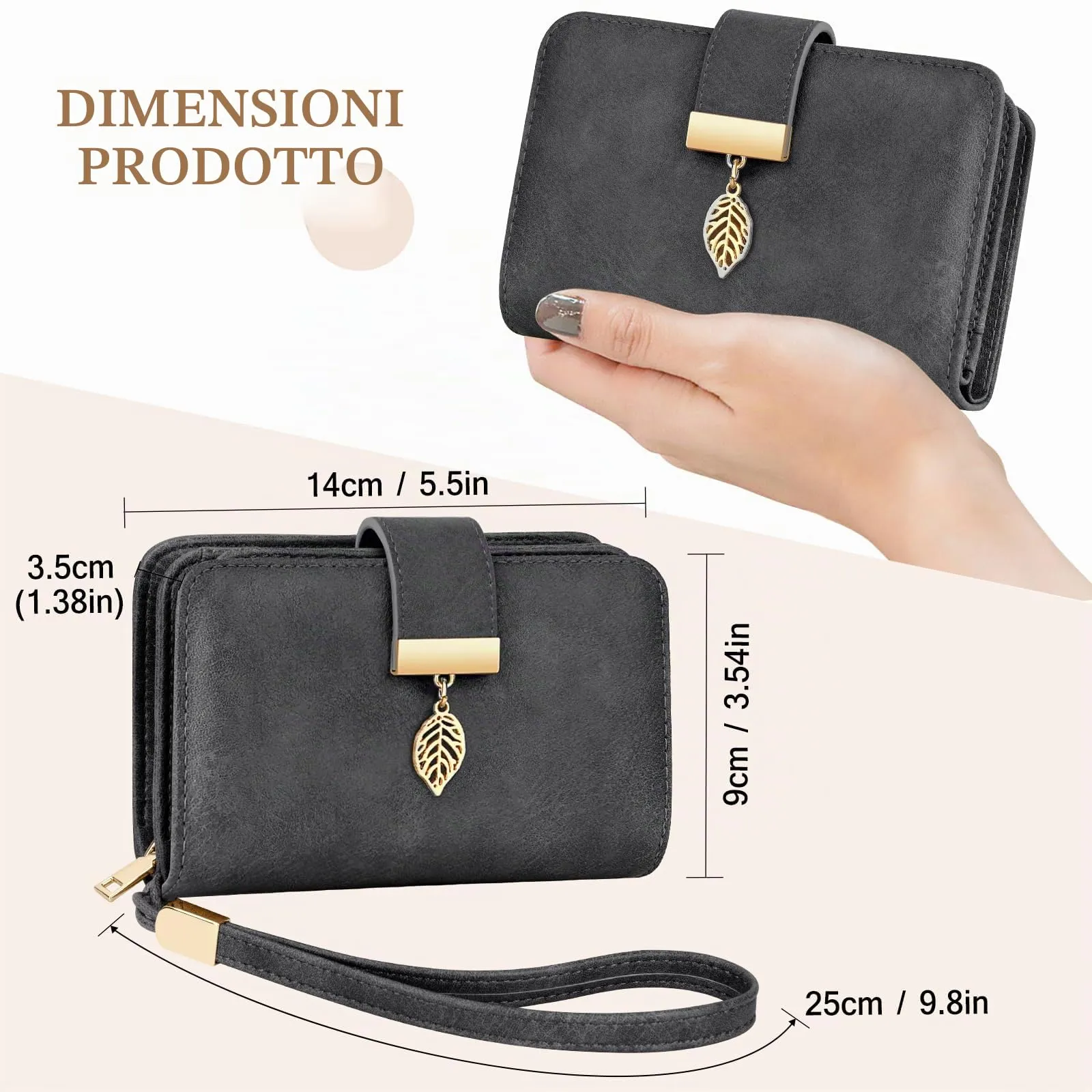 Faneam Portafoglio Donna in Pelle con Blocco RFID, Portamonete con Cerniera e Cordino, 14 Scomparti Carte (Grigio Scuro) - immagine 4