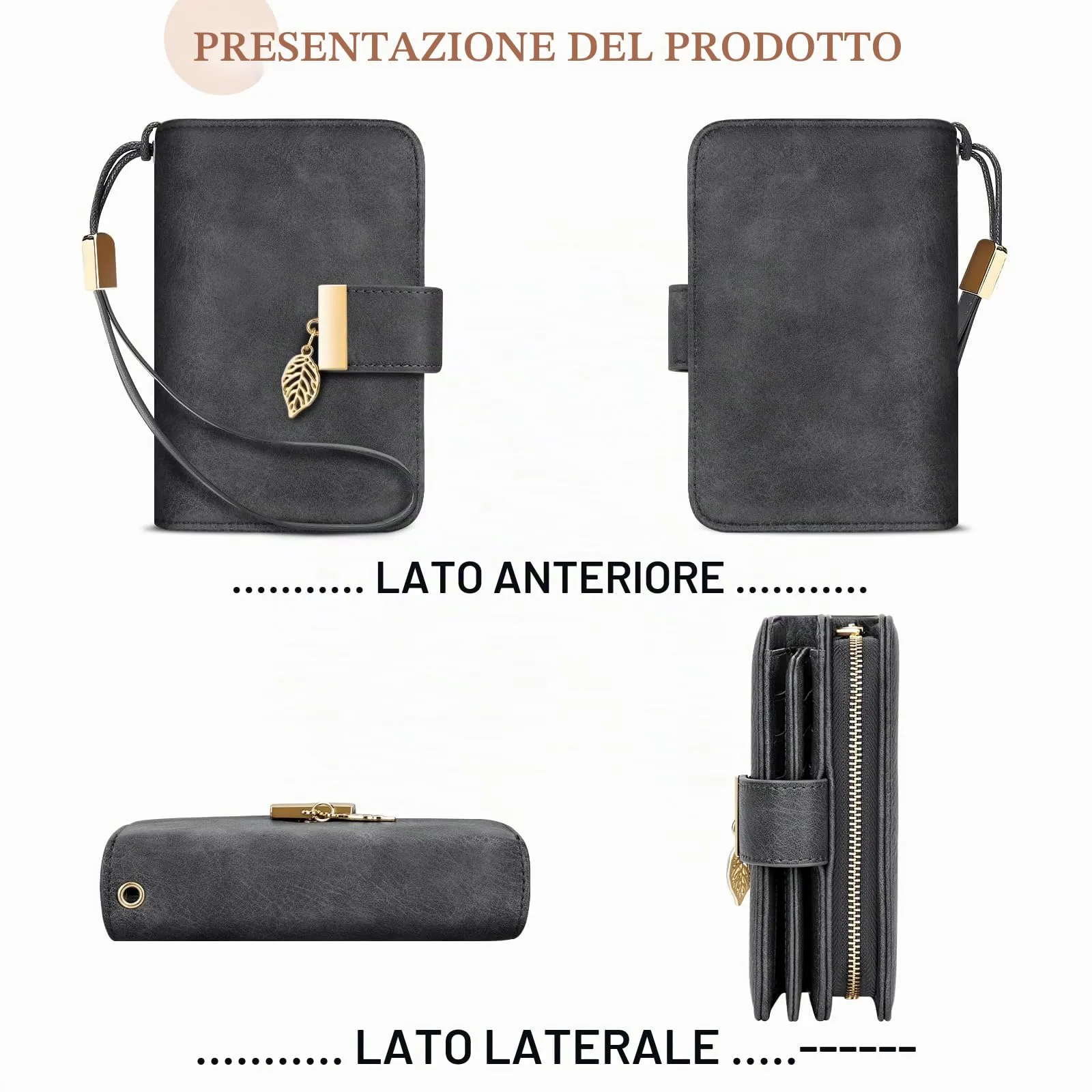 Faneam Portafoglio Donna in Pelle con Blocco RFID, Portamonete con Cerniera e Cordino, 14 Scomparti Carte (Grigio Scuro) - immagine 7