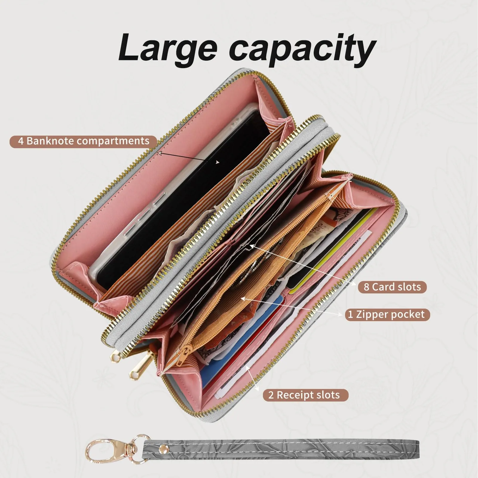 AdiStylinno Portafoglio Donna Lungo in Pelle PU, Floreale, con Cerniera, 8 Slot per Carte e 4 Scomparti - immagine 3