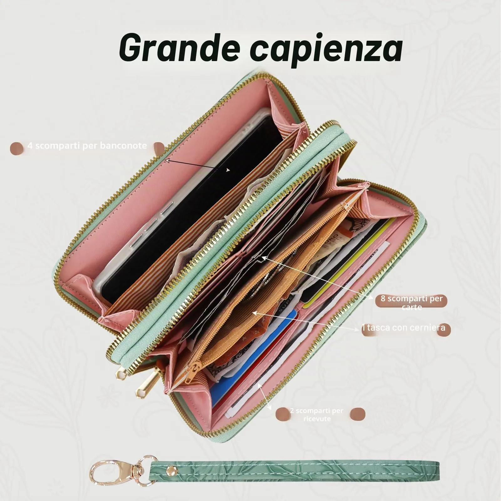 AdiStylinno Portafoglio Donna Lungo in Pelle PU Floreale con Cerniera, 8 Slot per Carte e 4 Scomparti - immagine 3