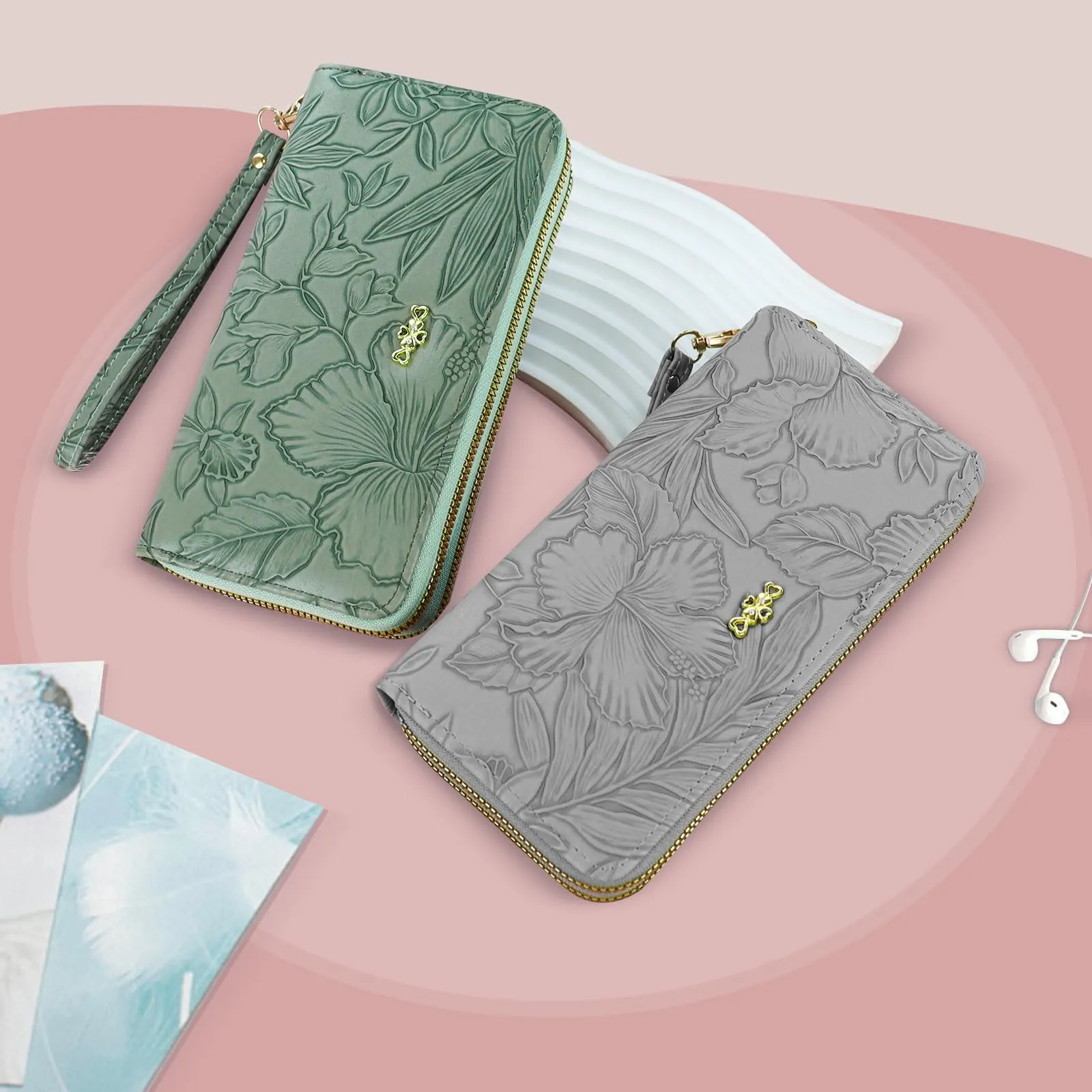 AdiStylinno Portafoglio Donna Lungo in Pelle PU Floreale con Cerniera, 8 Slot per Carte e 4 Scomparti - immagine 5