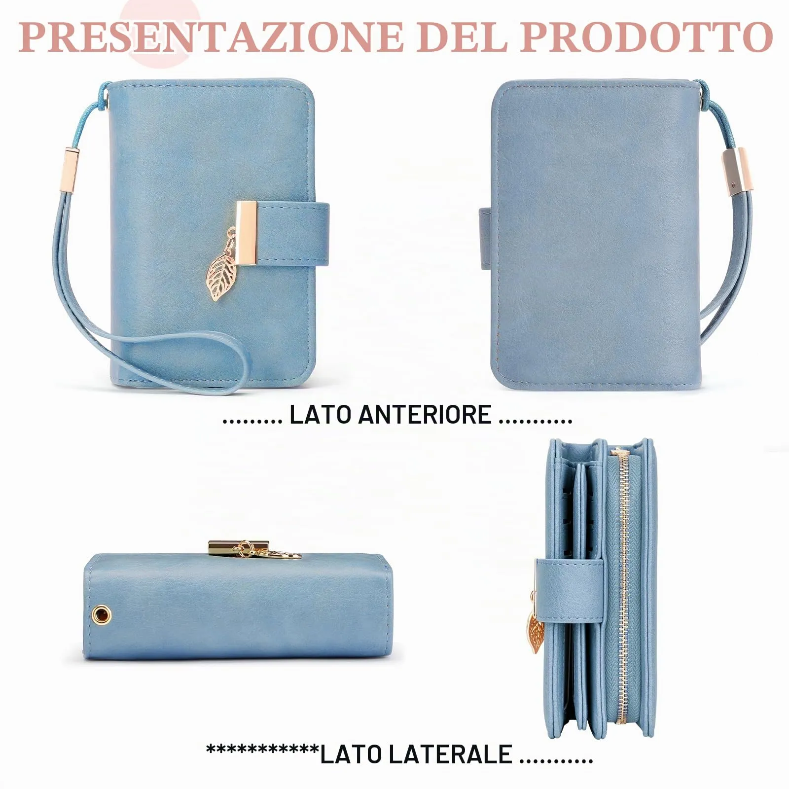Faneam Portafoglio Donna in Pelle con Blocco RFID, Portamonete con Cerniera e Cordino, 14 Scomparti Carte (Blu Chiaro Retrò) - immagine 2