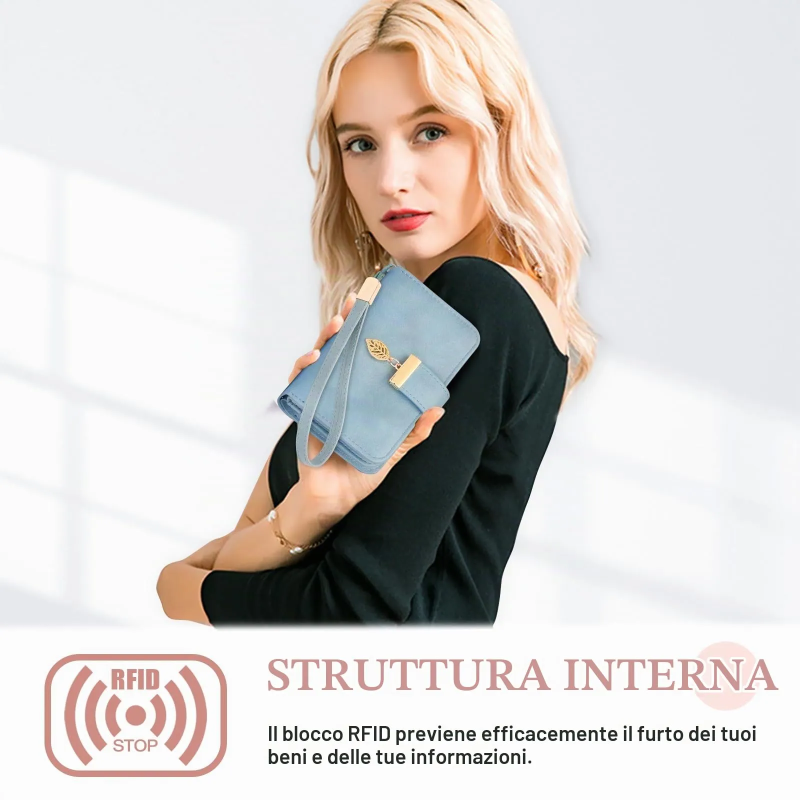 Faneam Portafoglio Donna in Pelle con Blocco RFID, Portamonete con Cerniera e Cordino, 14 Scomparti Carte (Blu Chiaro Retrò) - immagine 3