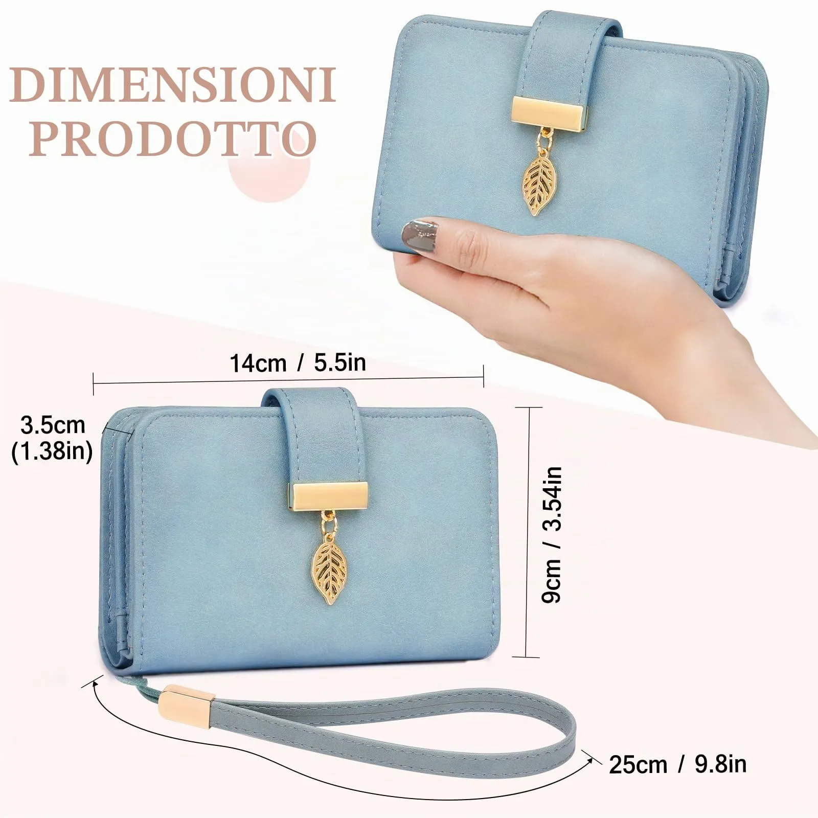 Faneam Portafoglio Donna in Pelle con Blocco RFID, Portamonete con Cerniera e Cordino, 14 Scomparti Carte (Blu Chiaro Retrò) - immagine 5