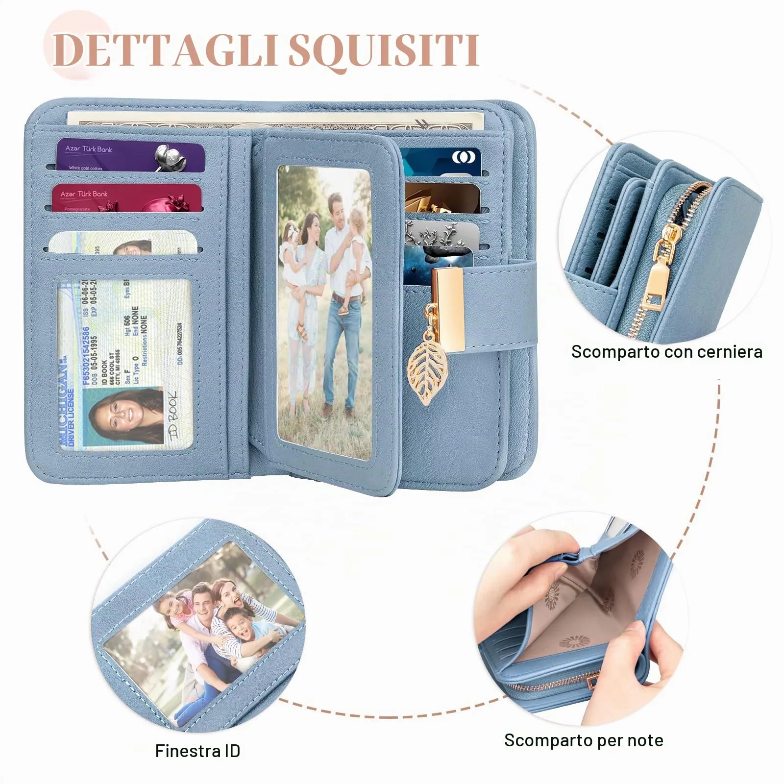 Faneam Portafoglio Donna in Pelle con Blocco RFID, Portamonete con Cerniera e Cordino, 14 Scomparti Carte (Blu Chiaro Retrò) - immagine 6