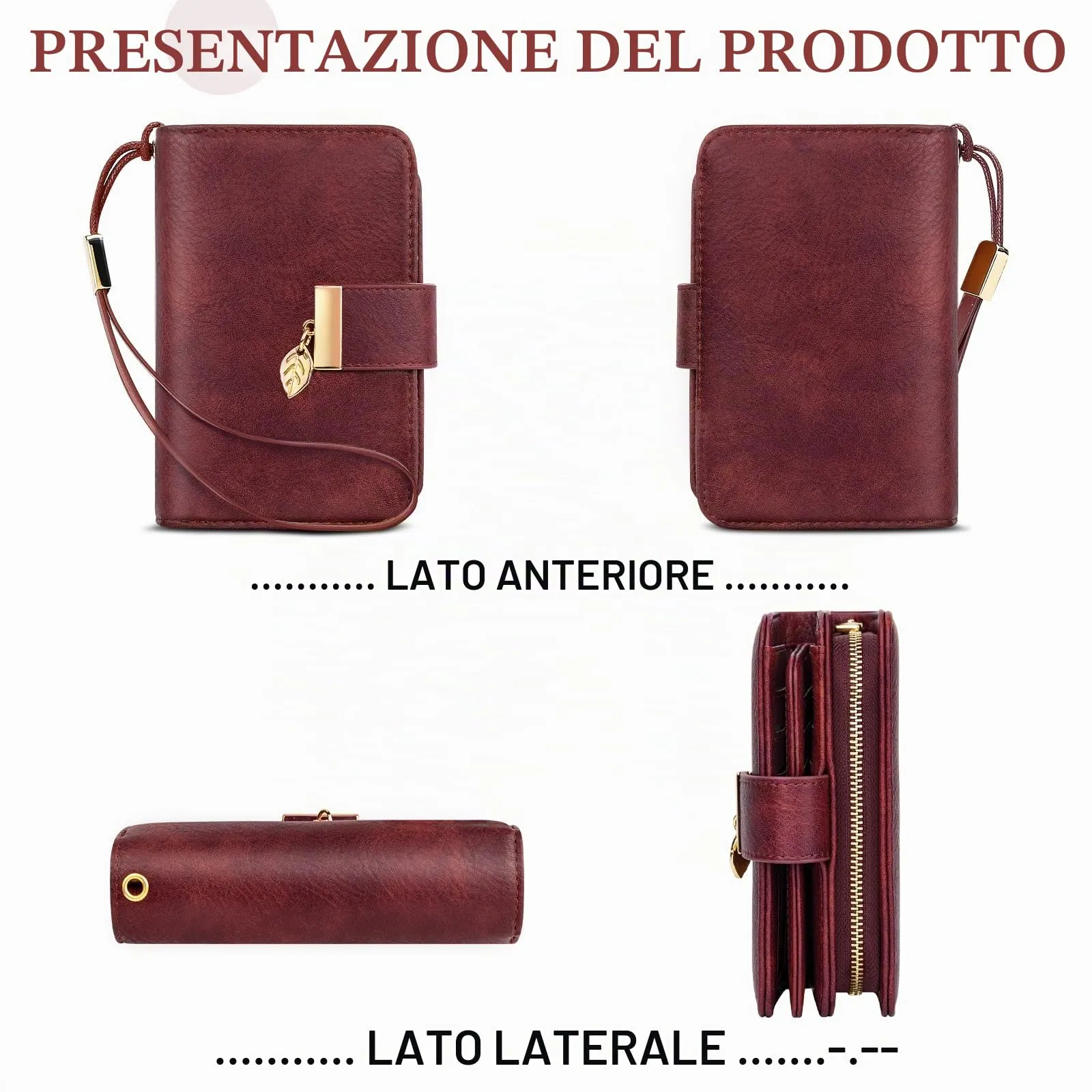 Faneam Portafoglio Donna in Pelle con Blocco RFID, Portamonete con Cerniera e Cordino, 14 Scomparti Carte (Rosso scuro) - immagine 2