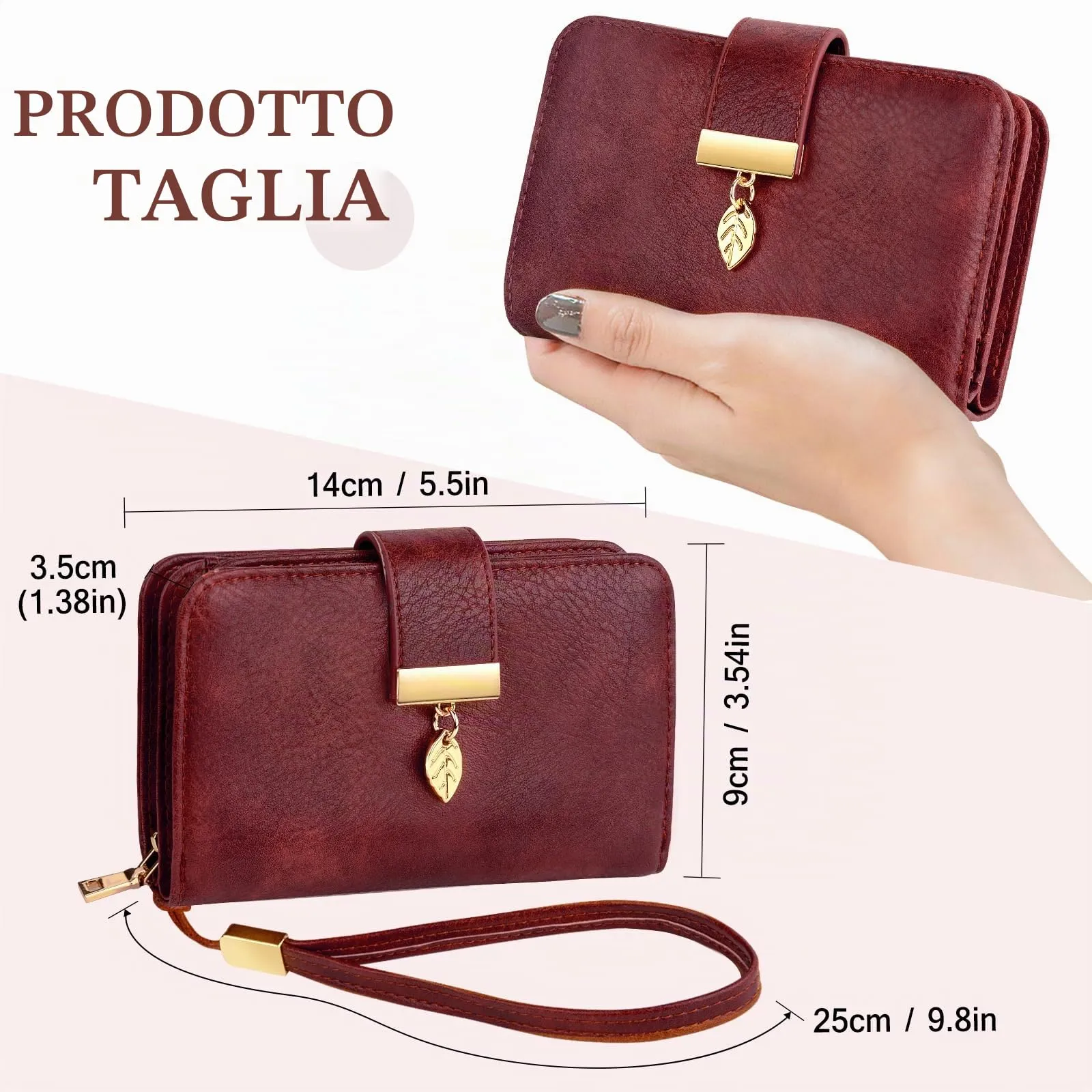 Faneam Portafoglio Donna in Pelle con Blocco RFID, Portamonete con Cerniera e Cordino, 14 Scomparti Carte (Rosso scuro) - immagine 3