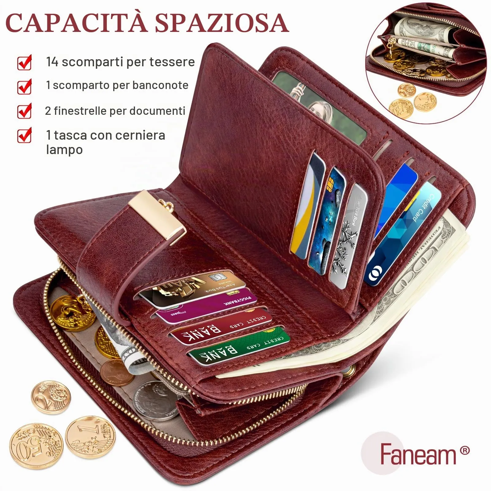 Faneam Portafoglio Donna in Pelle con Blocco RFID, Portamonete con Cerniera e Cordino, 14 Scomparti Carte (Rosso scuro) - immagine 4