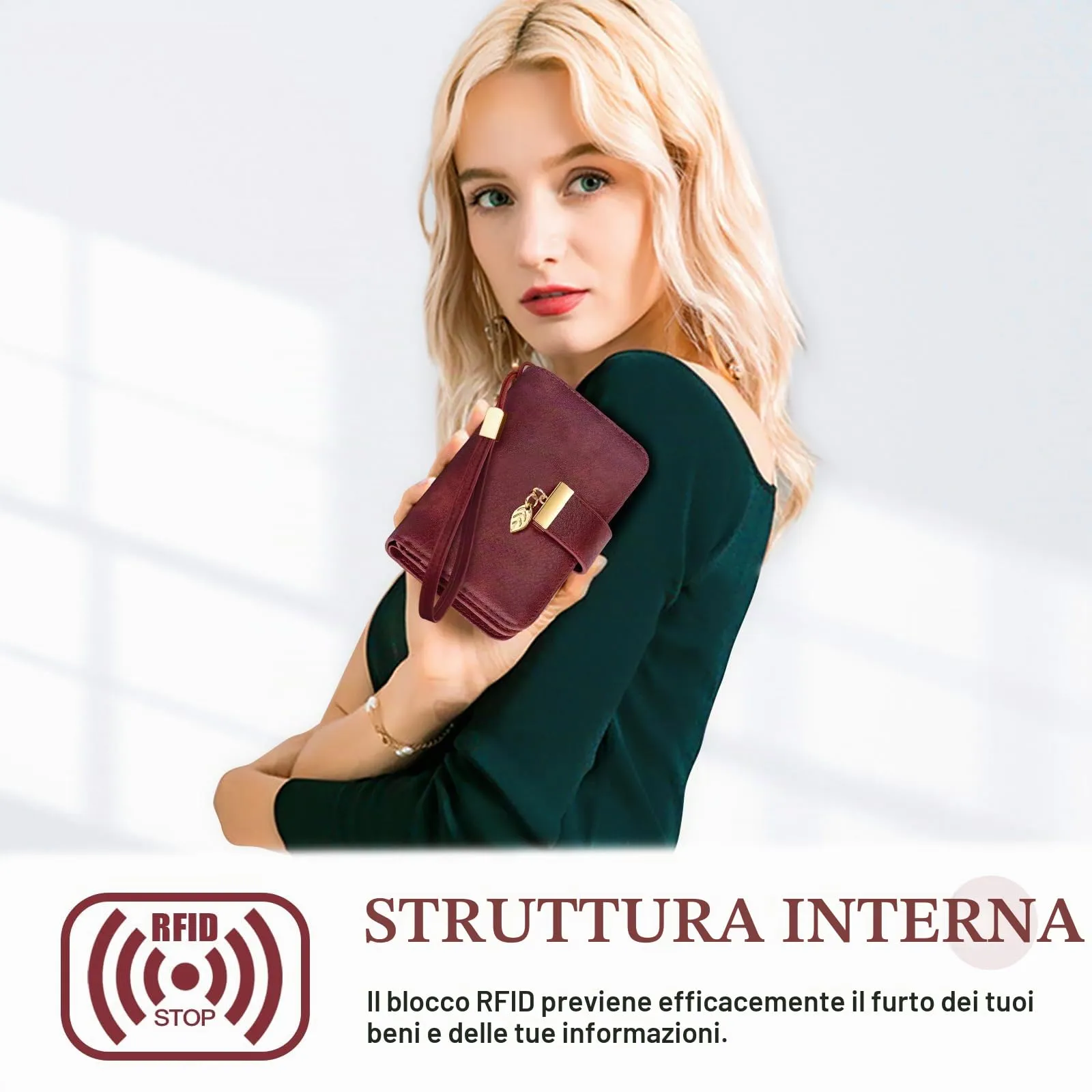 Faneam Portafoglio Donna in Pelle con Blocco RFID, Portamonete con Cerniera e Cordino, 14 Scomparti Carte (Rosso scuro) - immagine 5