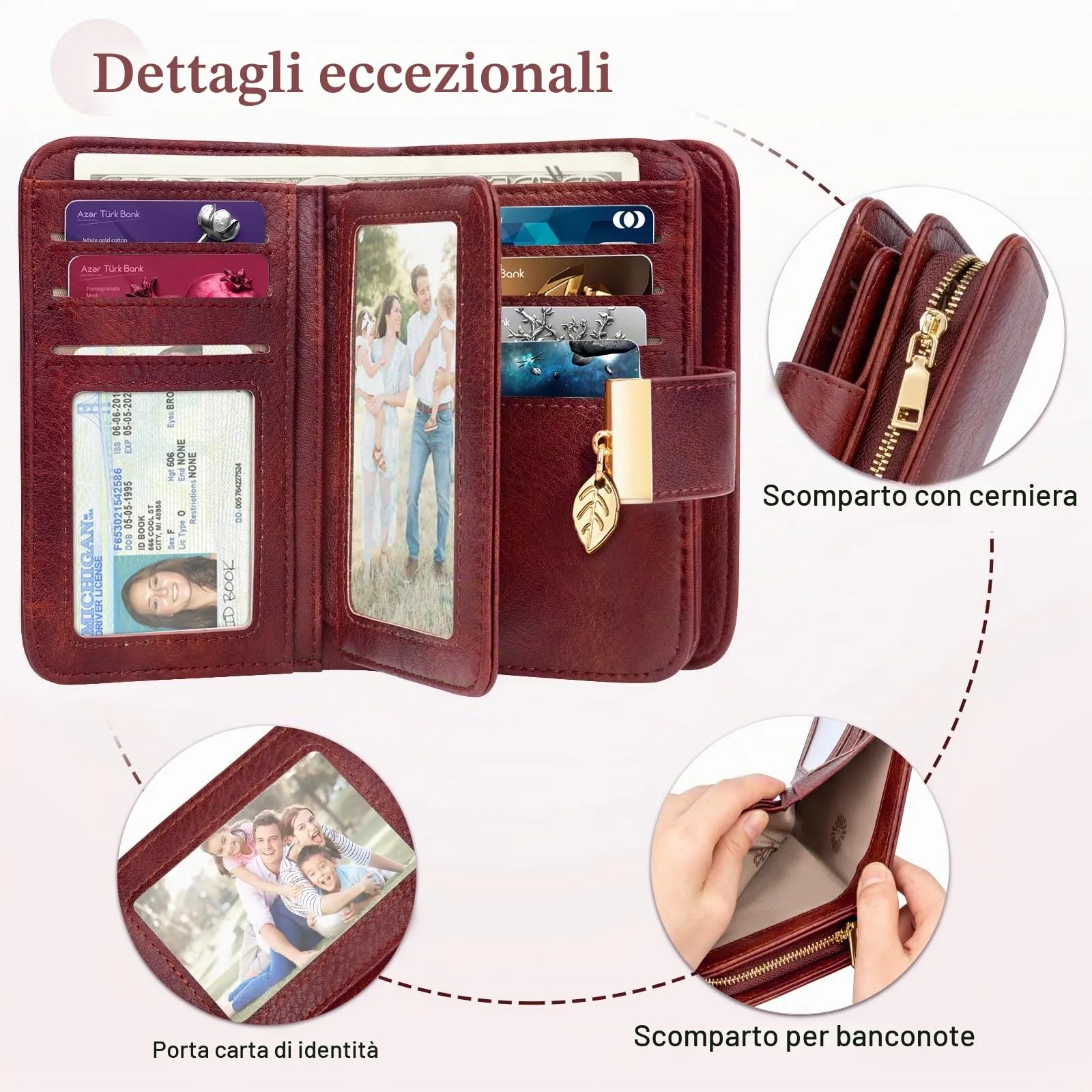 Faneam Portafoglio Donna in Pelle con Blocco RFID, Portamonete con Cerniera e Cordino, 14 Scomparti Carte (Rosso scuro) - immagine 6