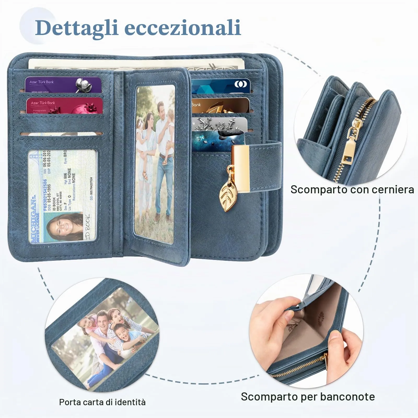 Faneam Portafoglio Donna in Pelle con Blocco RFID, Portamonete con Cerniera e Cordino, 14 Scomparti Carte (Blu scuro) - immagine 2