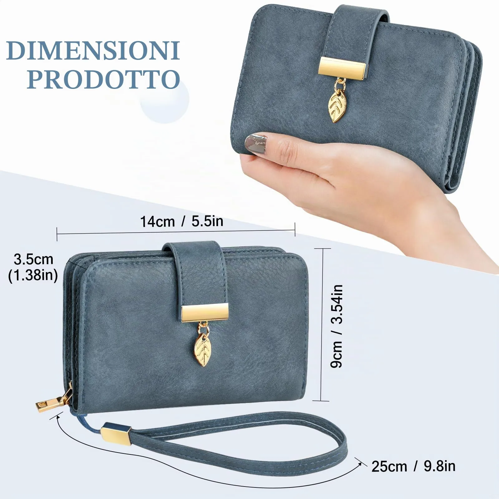 Faneam Portafoglio Donna in Pelle con Blocco RFID, Portamonete con Cerniera e Cordino, 14 Scomparti Carte (Blu scuro) - immagine 3