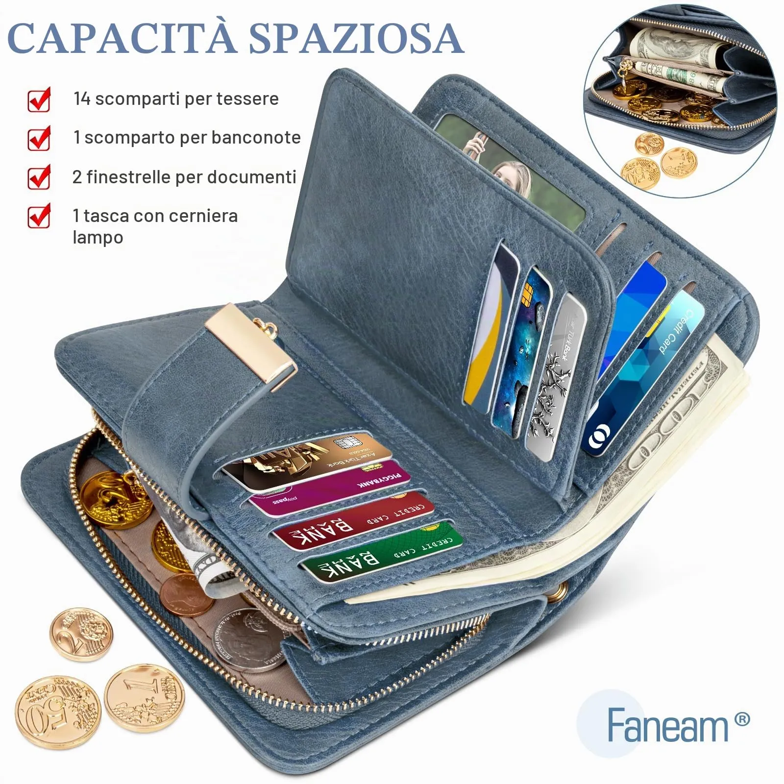 Faneam Portafoglio Donna in Pelle con Blocco RFID, Portamonete con Cerniera e Cordino, 14 Scomparti Carte (Blu scuro) - immagine 4