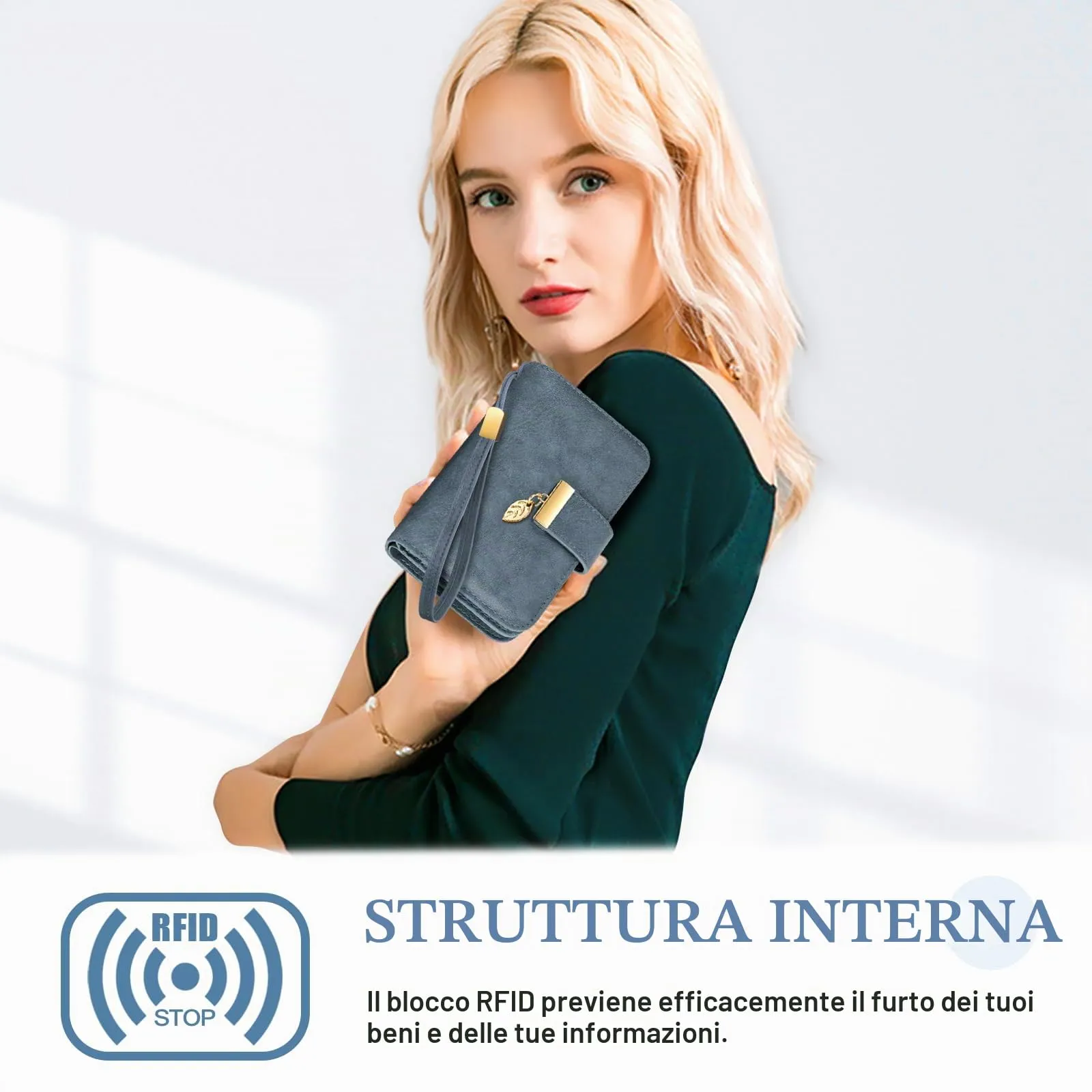 Faneam Portafoglio Donna in Pelle con Blocco RFID, Portamonete con Cerniera e Cordino, 14 Scomparti Carte (Blu scuro) - immagine 5