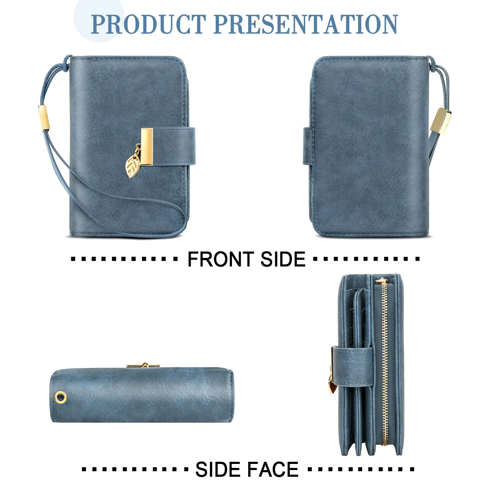 Faneam Portafoglio Donna in Pelle con Blocco RFID, Portamonete con Cerniera e Cordino, 14 Scomparti Carte (Blu scuro) - immagine 6