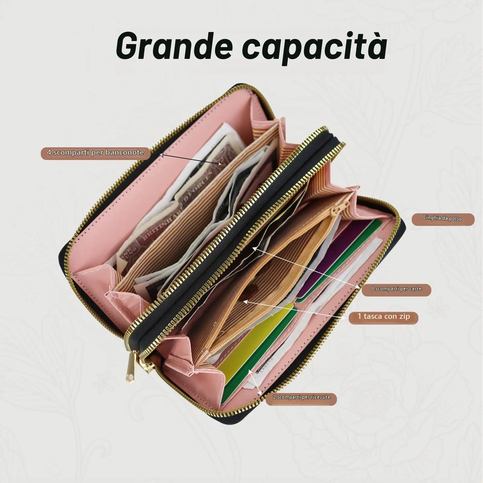 AdiStylinno Portafoglio Donna Lungo in Pelle PU, Stampa Floreale, con Cerniera, 8 Slot per Carte e 4 Scomparti - immagine 3