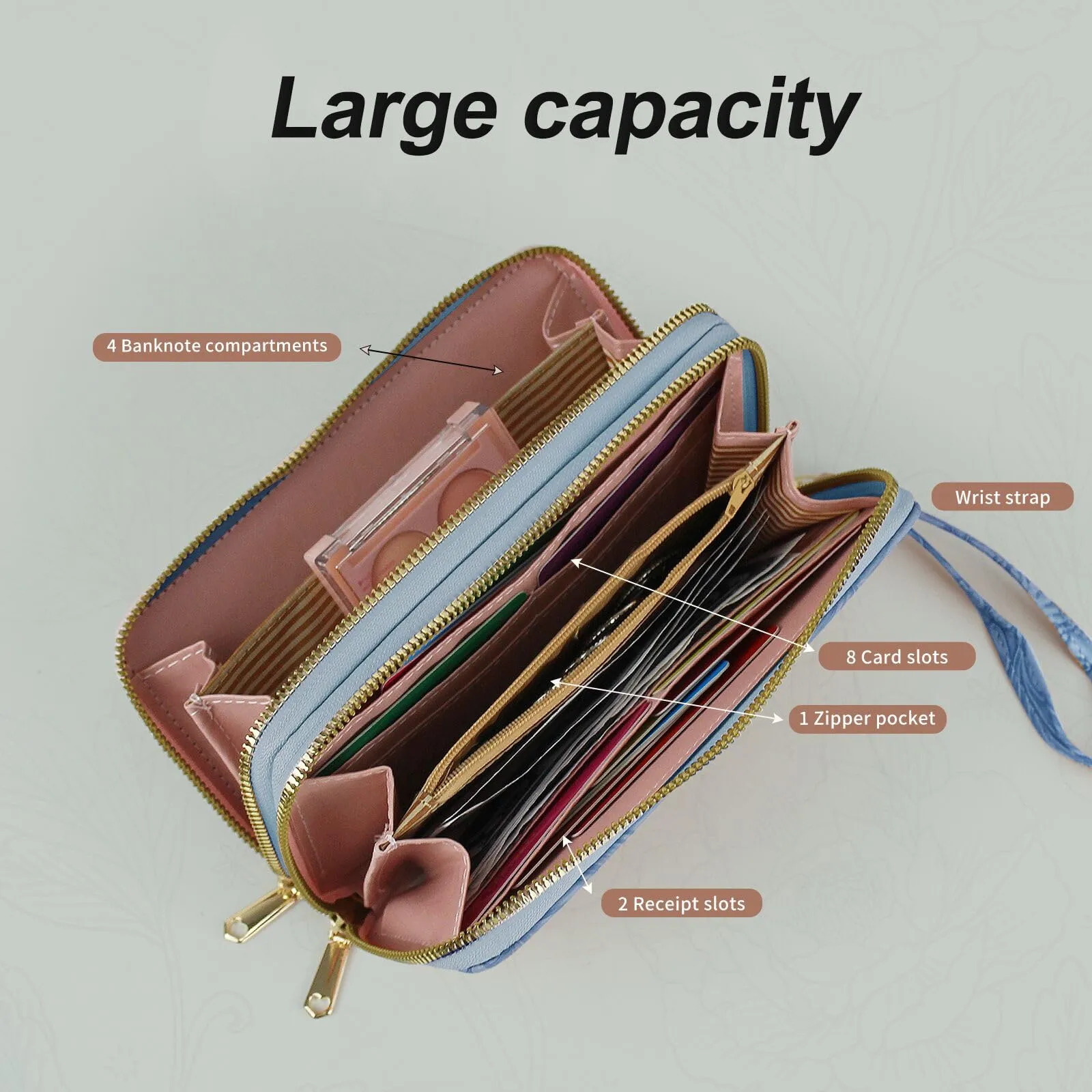 AdiStylinno Portafoglio Donna Lungo in Pelle PU Floreale con Cerniera, 8 Slot per Carte e 4 Scomparti - immagine 2