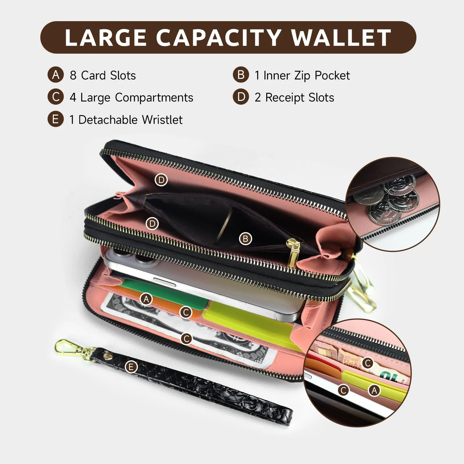 AdiStylinno Portafoglio da Donna in Pelle PU con Stampa Floreale, Nero-D, 19 x 4.5 x 9.8 cm - immagine 4