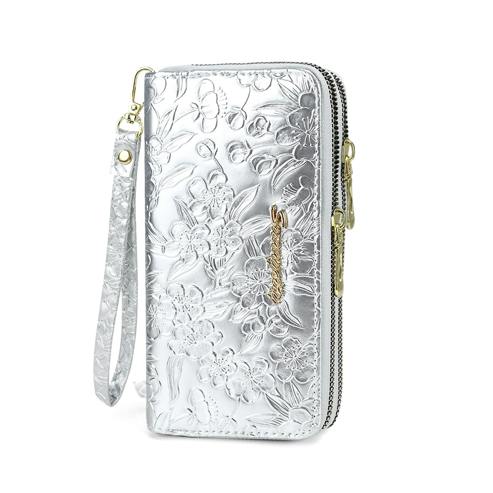 AdiStylinno Portafoglio da donna in pelle PU con stampa floreale, porta carte, tasca con zip e braccialetto, argento, 19 x 4.5 x 9.8 cm - immagine 1
