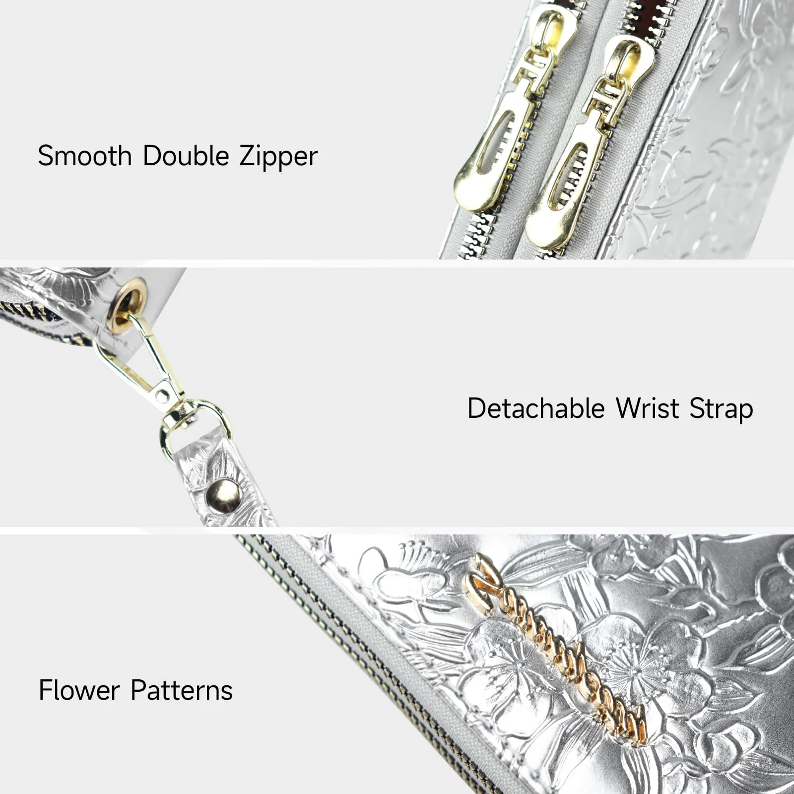 AdiStylinno Portafoglio da donna in pelle PU con stampa floreale, porta carte, tasca con zip e braccialetto, argento, 19 x 4.5 x 9.8 cm - immagine 3