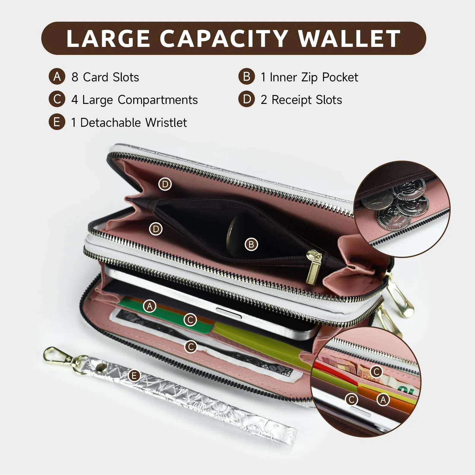 AdiStylinno Portafoglio da donna in pelle PU con stampa floreale, porta carte, tasca con zip e braccialetto, argento, 19 x 4.5 x 9.8 cm - immagine 4