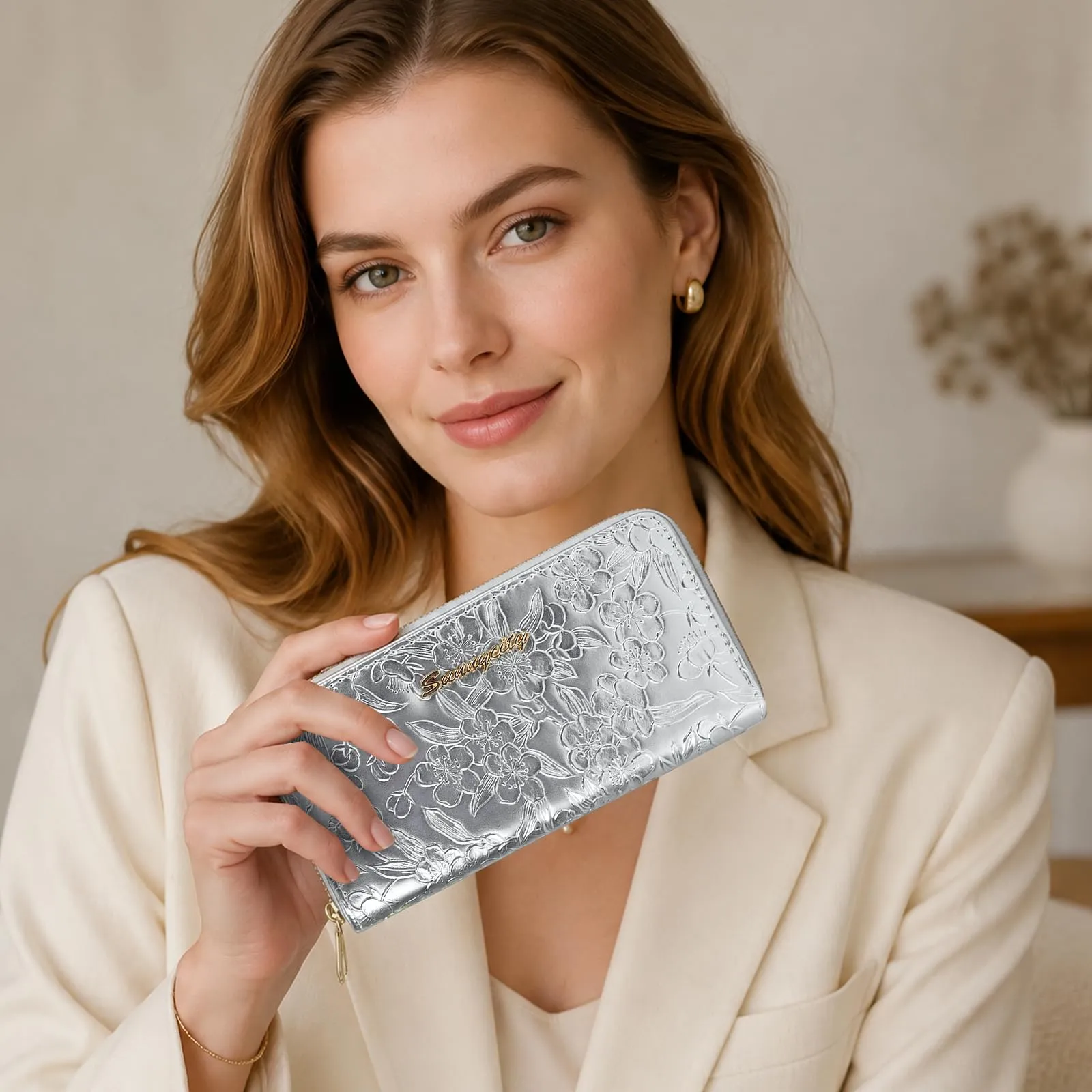 AdiStylinno Portafoglio da donna in pelle PU con stampa floreale, porta carte, tasca con zip e braccialetto, argento, 19 x 4.5 x 9.8 cm - immagine 6