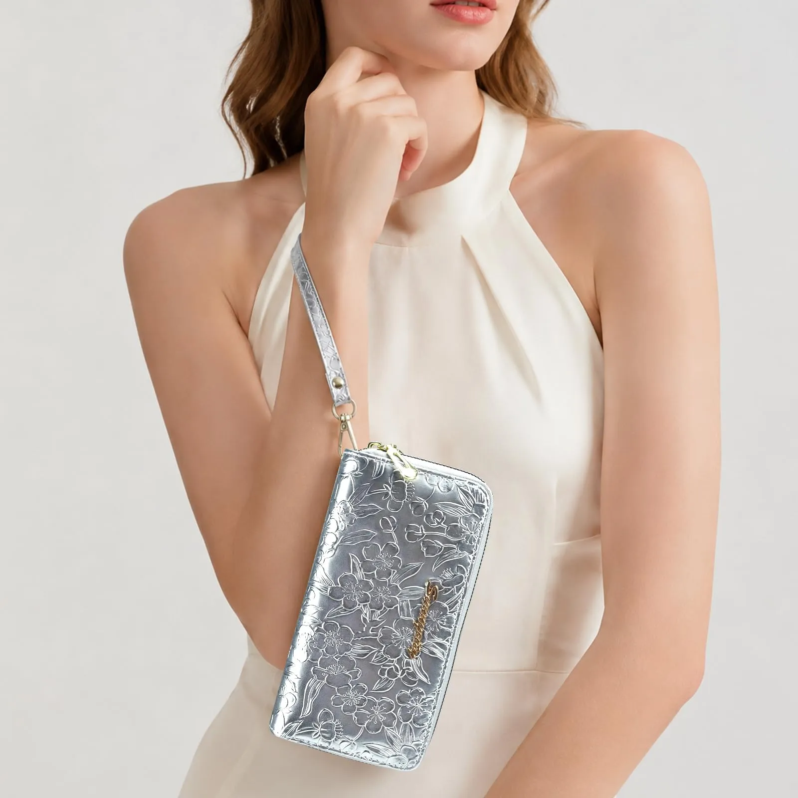 AdiStylinno Portafoglio da donna in pelle PU con stampa floreale, porta carte, tasca con zip e braccialetto, argento, 19 x 4.5 x 9.8 cm - immagine 7