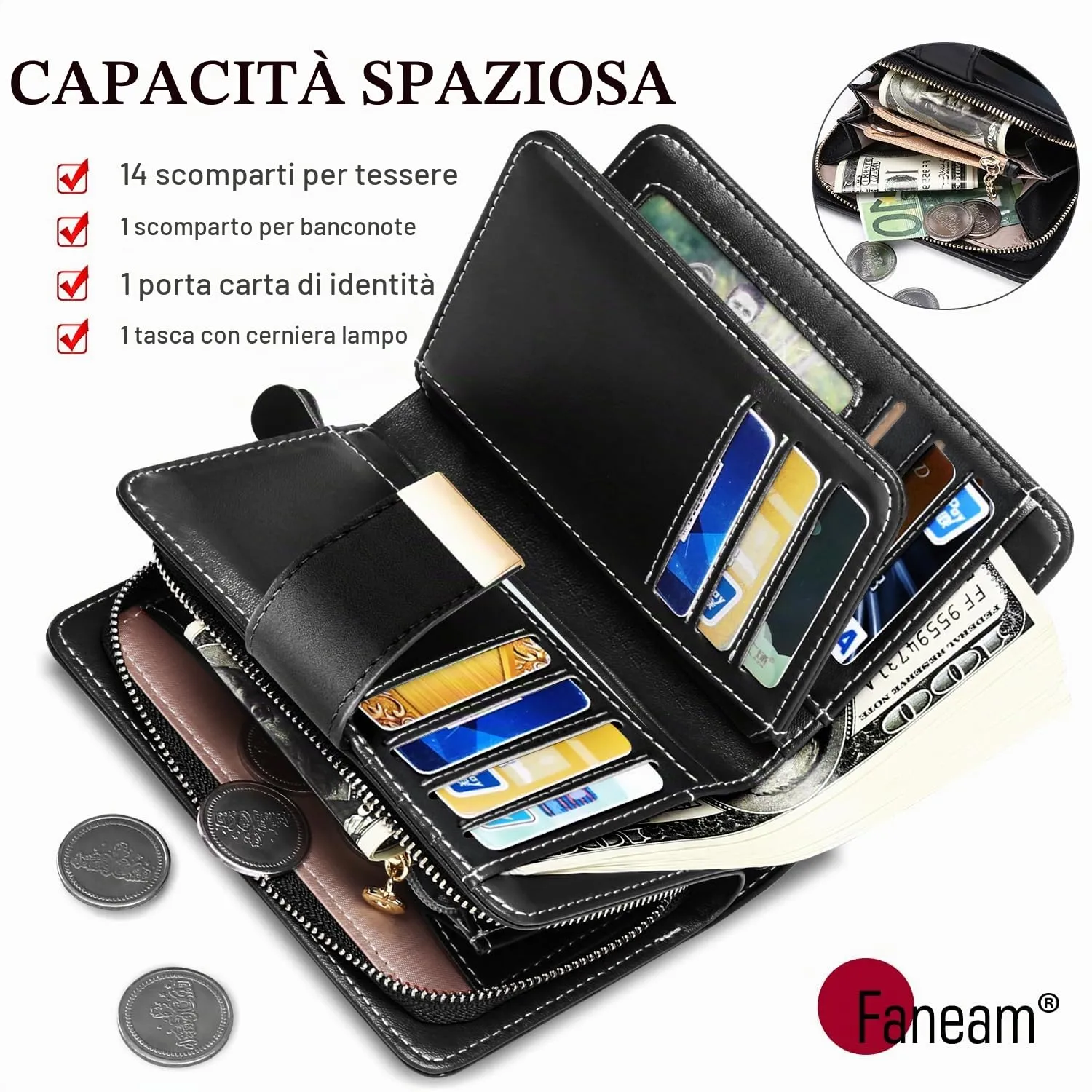 Faneam Portafoglio Donna in Pelle con Blocco RFID, Portamonete con Cerniera e Cordino, 14 Scomparti Carte (Nero) - immagine 2