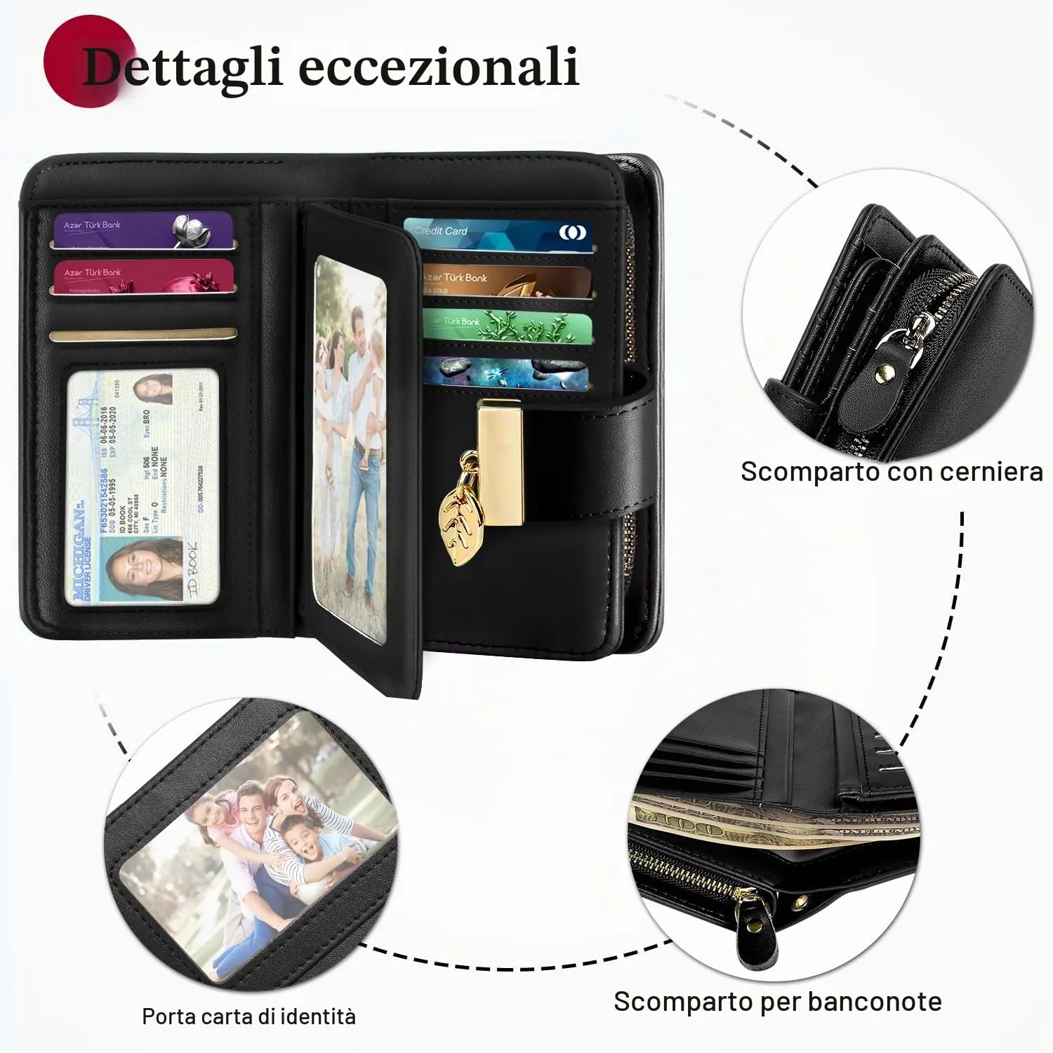 Faneam Portafoglio Donna in Pelle con Blocco RFID, Portamonete con Cerniera e Cordino, 14 Scomparti Carte (Nero) - immagine 3