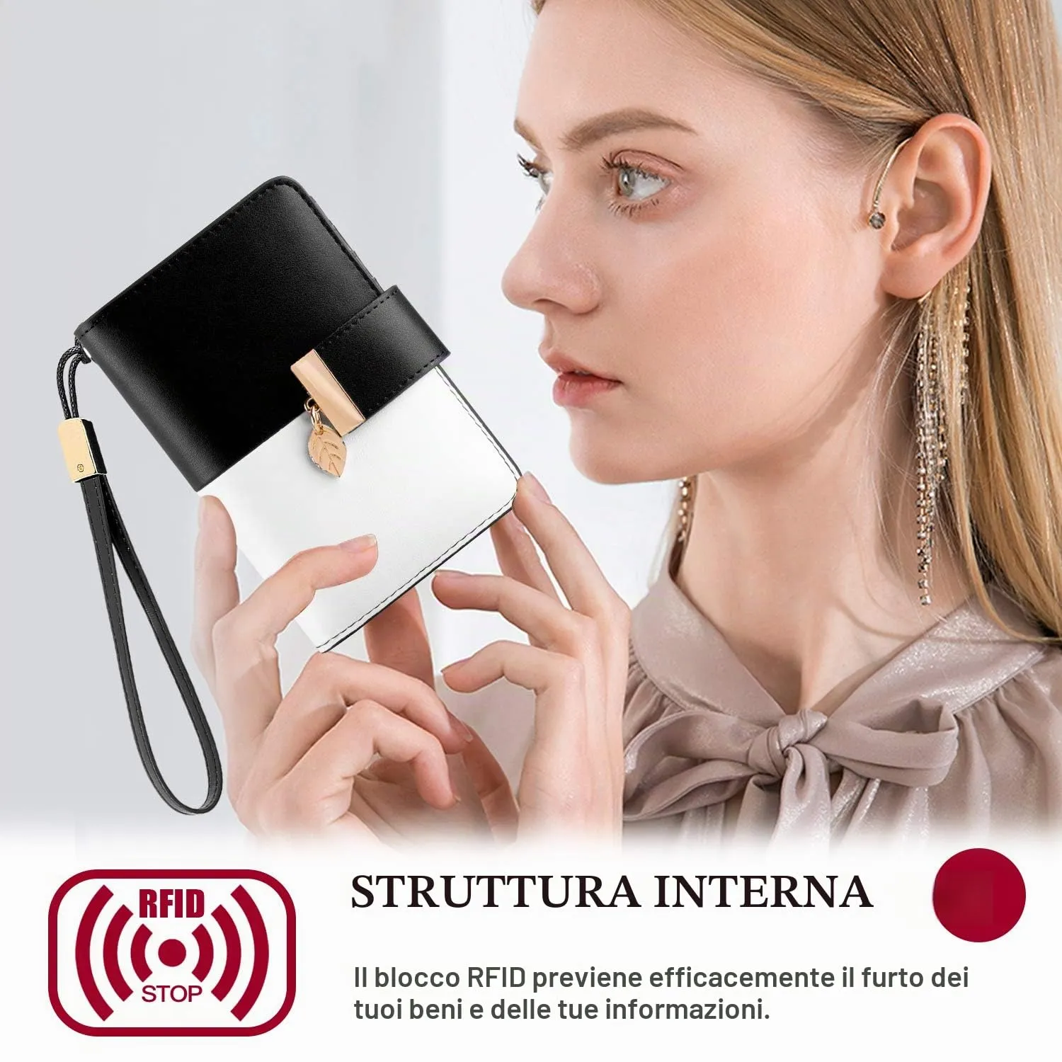 Faneam Portafoglio Donna in Pelle con Blocco RFID, Portamonete con Cerniera e Cordino, 14 Scomparti Carte (Nero) - immagine 5