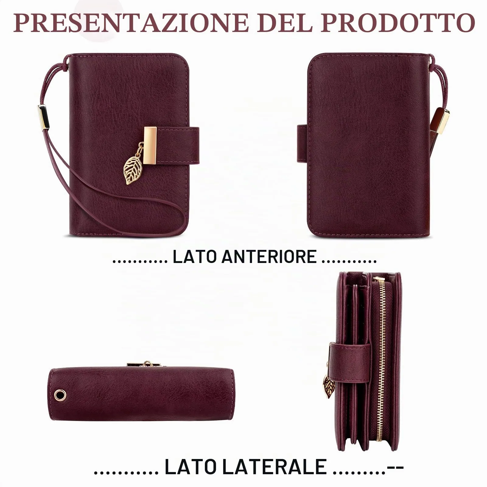Faneam Portafoglio Donna Piccolo in Pelle con Blocco RFID, Portamonete con Cerniera e Cordino, 14 Scomparti Carte (Borgogna) - immagine 2