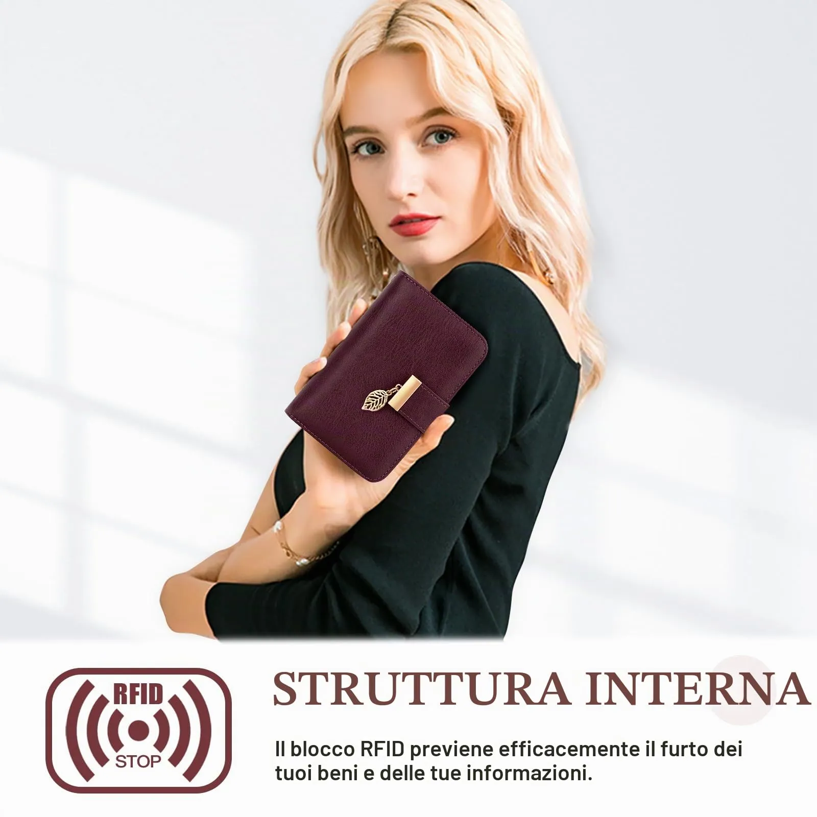 Faneam Portafoglio Donna Piccolo in Pelle con Blocco RFID, Portamonete con Cerniera e Cordino, 14 Scomparti Carte (Borgogna) - immagine 3
