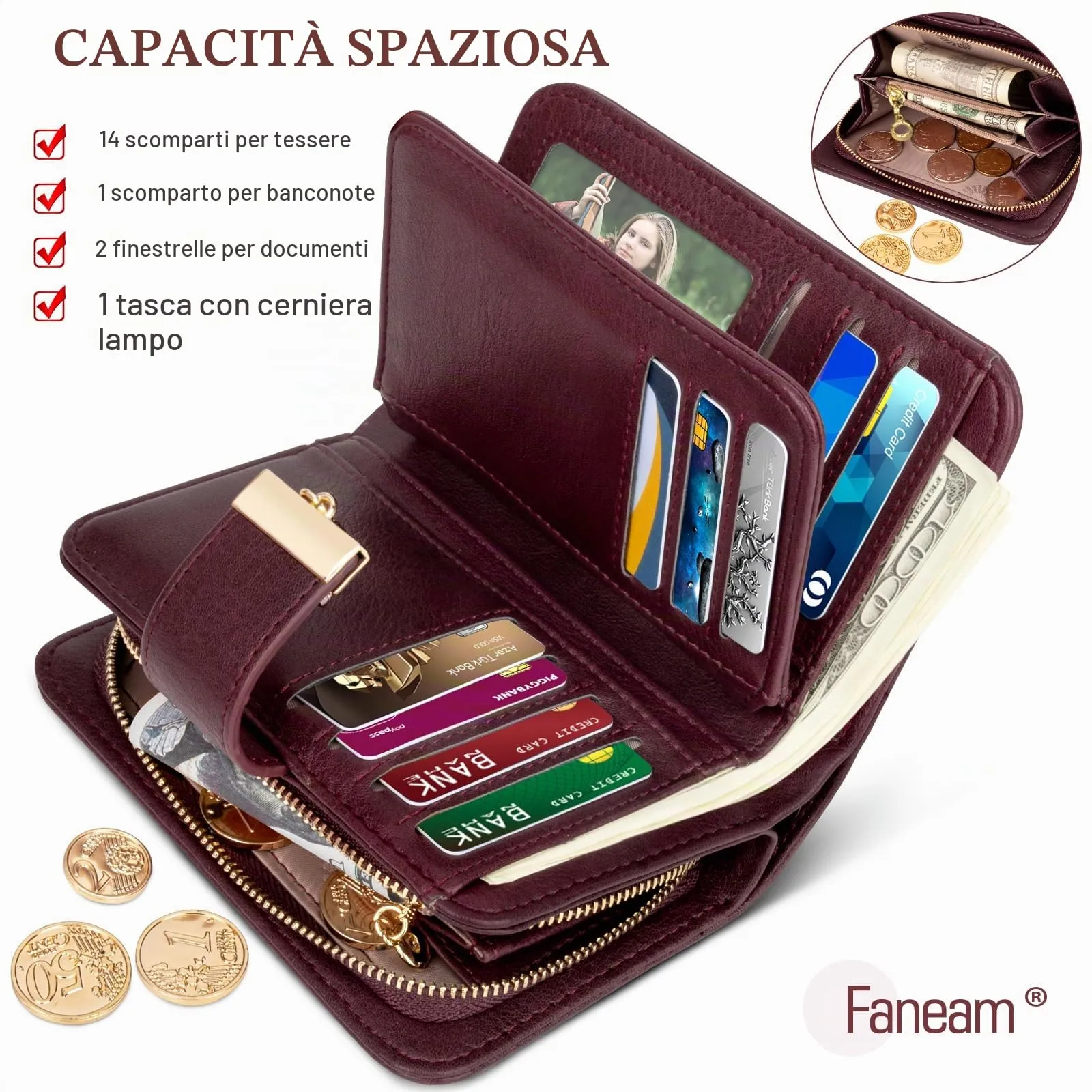 Faneam Portafoglio Donna Piccolo in Pelle con Blocco RFID, Portamonete con Cerniera e Cordino, 14 Scomparti Carte (Borgogna) - immagine 4