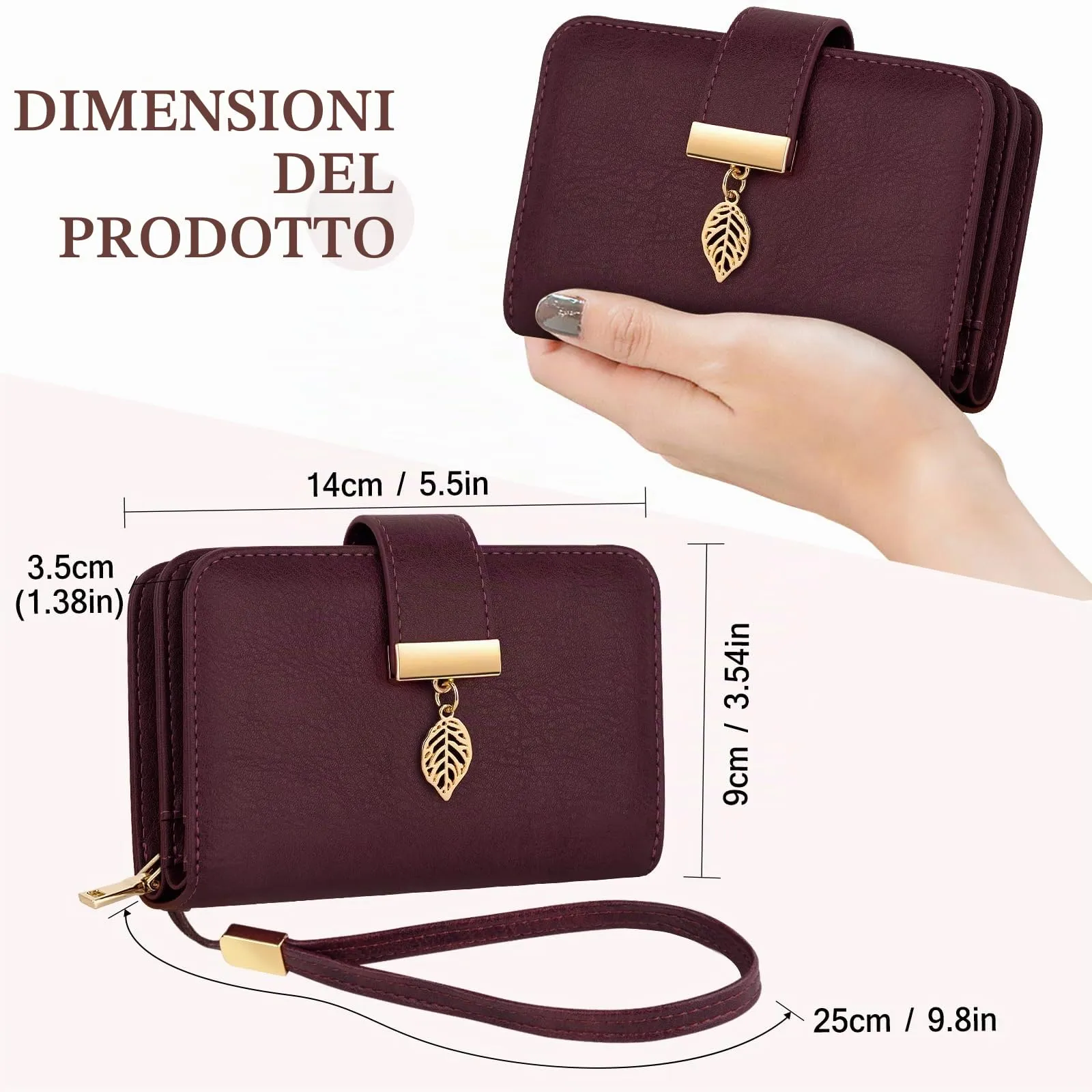 Faneam Portafoglio Donna Piccolo in Pelle con Blocco RFID, Portamonete con Cerniera e Cordino, 14 Scomparti Carte (Borgogna) - immagine 5